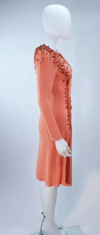 MARK ZUNINO Coral Jersey Cocktail Dress w/ Coral Beading Size 6