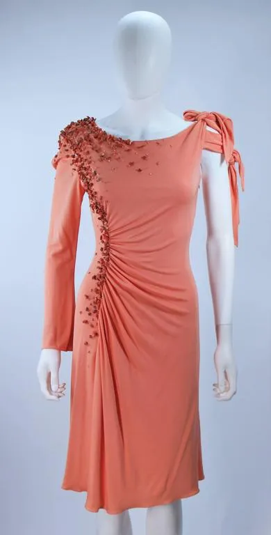 MARK ZUNINO Coral Jersey Cocktail Dress w/ Coral Beading Size 6