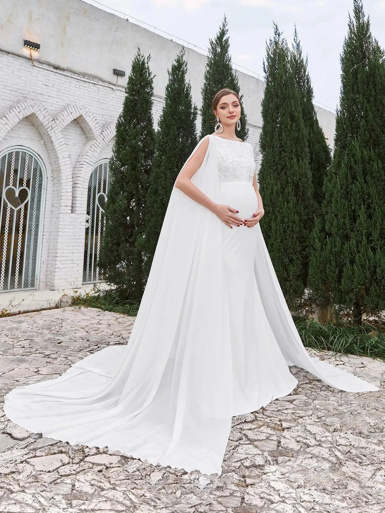 Maternity Mermaid Hem Cape Formal Wedding Dress