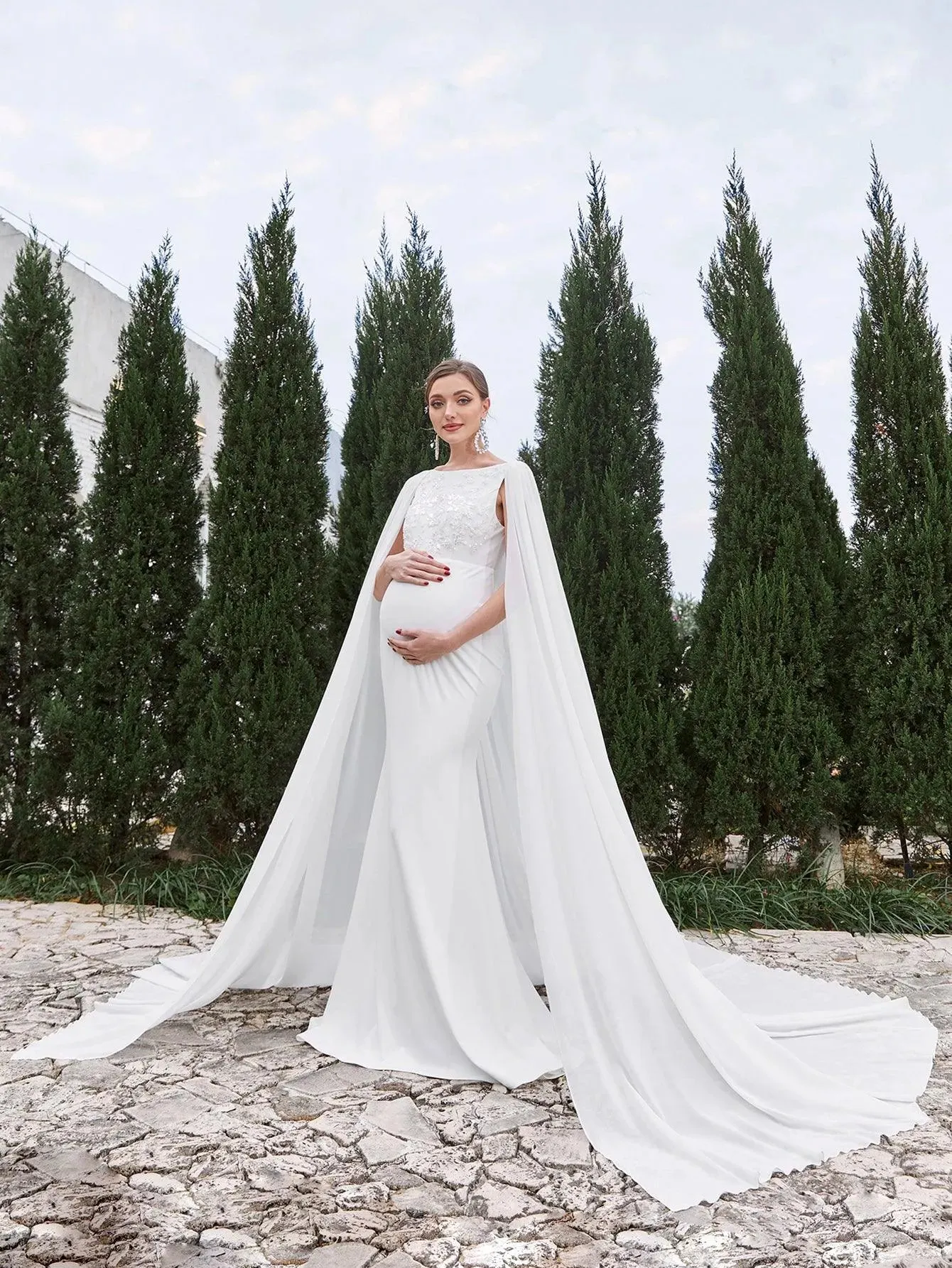 Maternity Mermaid Hem Cape Formal Wedding Dress