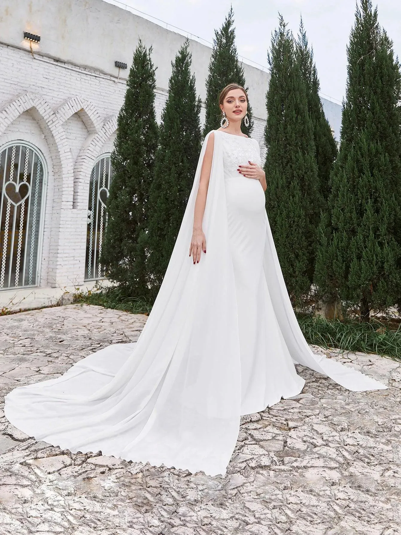 Maternity Mermaid Hem Cape Formal Wedding Dress