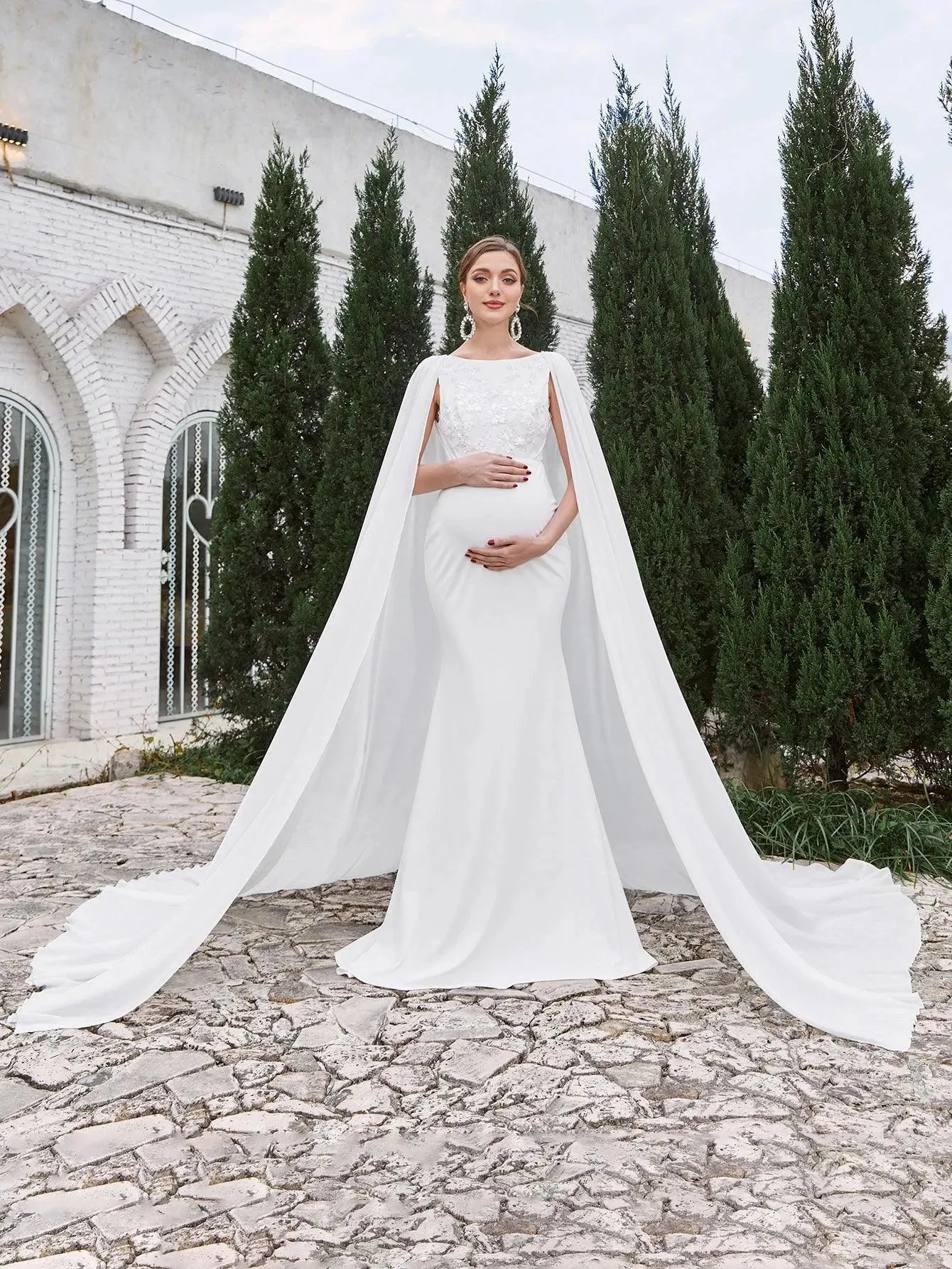 Maternity Mermaid Hem Cape Formal Wedding Dress