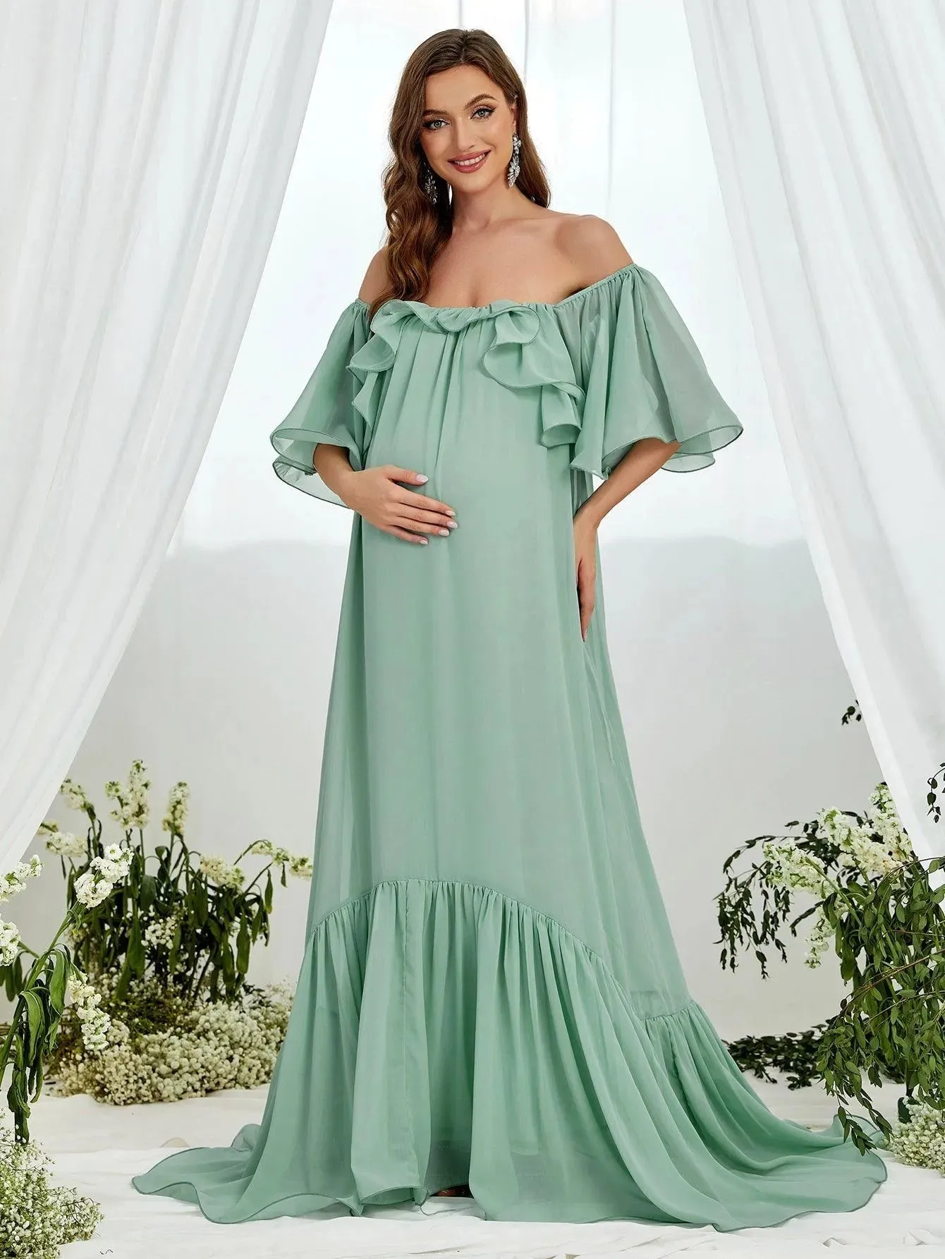 Maternity Off Shoulder Layered Ruffle Sleeves Chiffon Dress