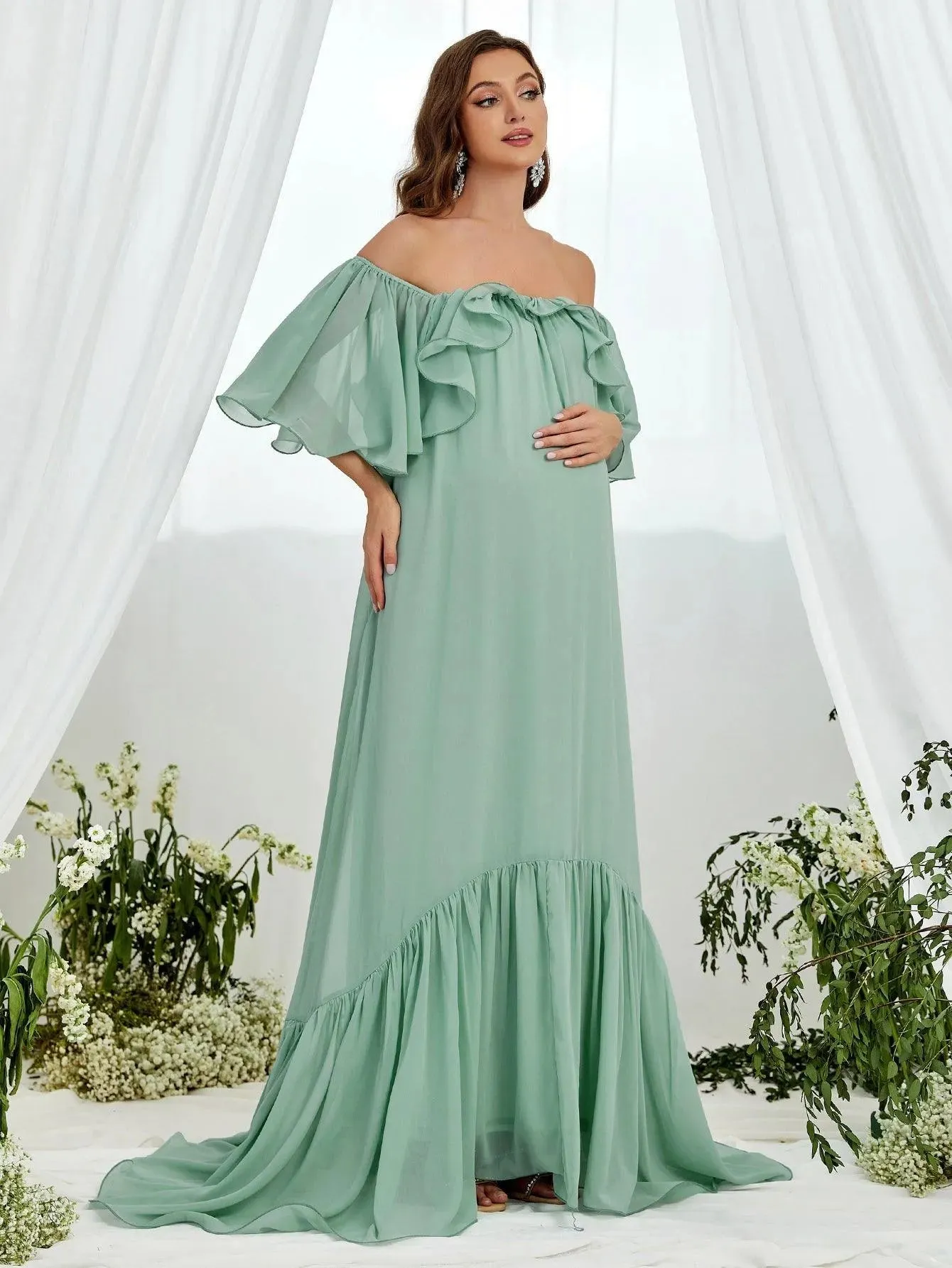 Maternity Off Shoulder Layered Ruffle Sleeves Chiffon Dress