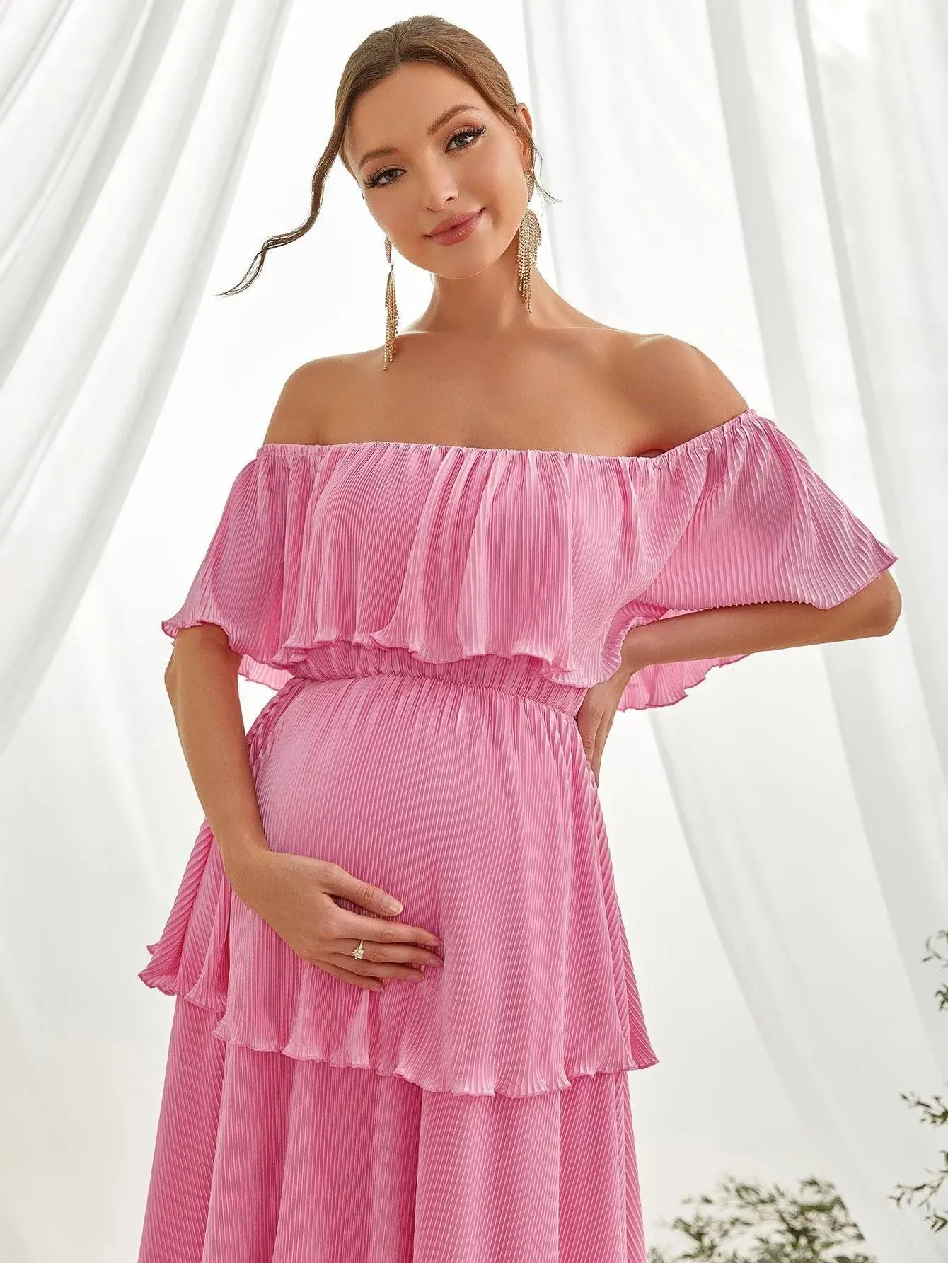 Maternity Solid Off Shoulder Layered Hem Dress