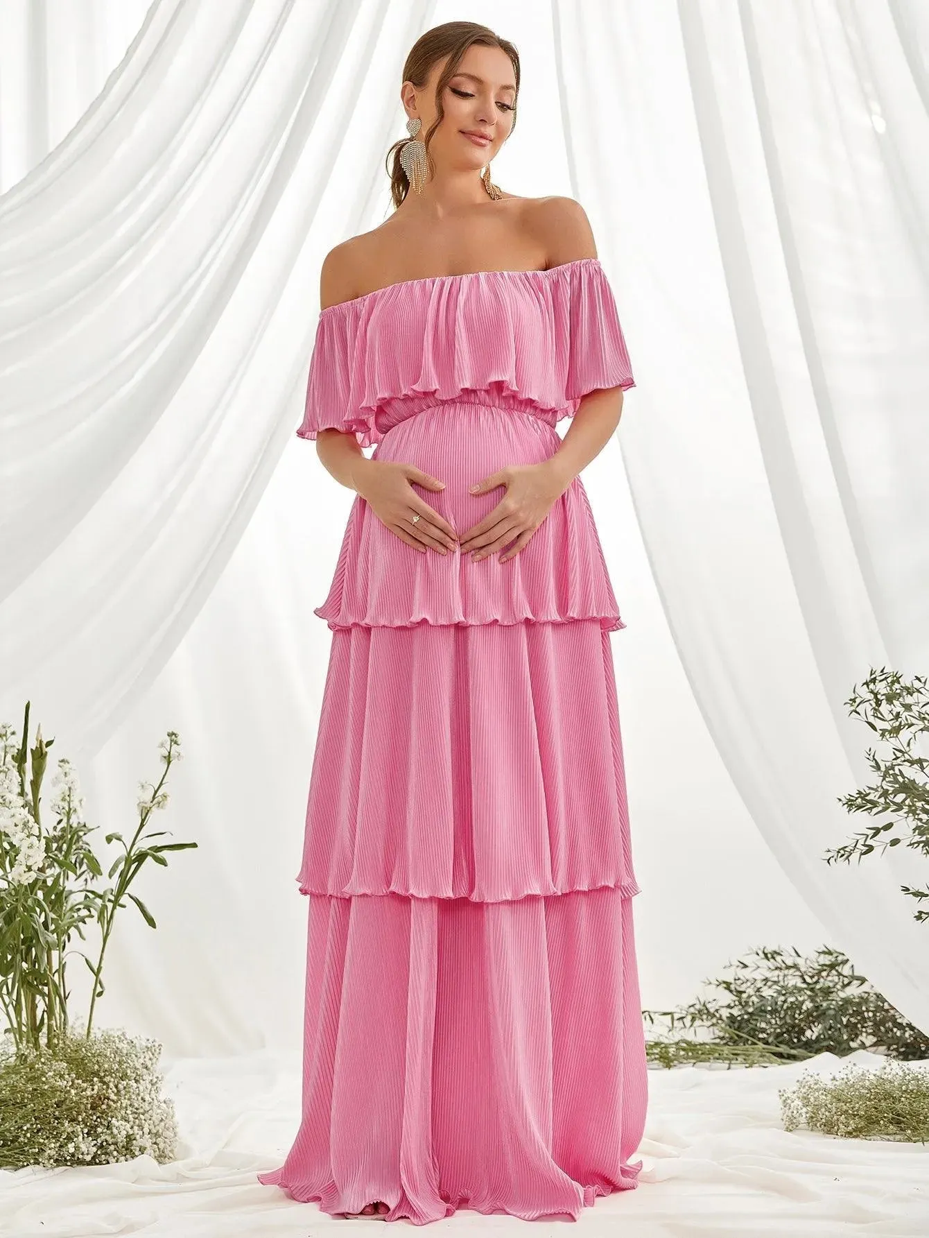 Maternity Solid Off Shoulder Layered Hem Dress