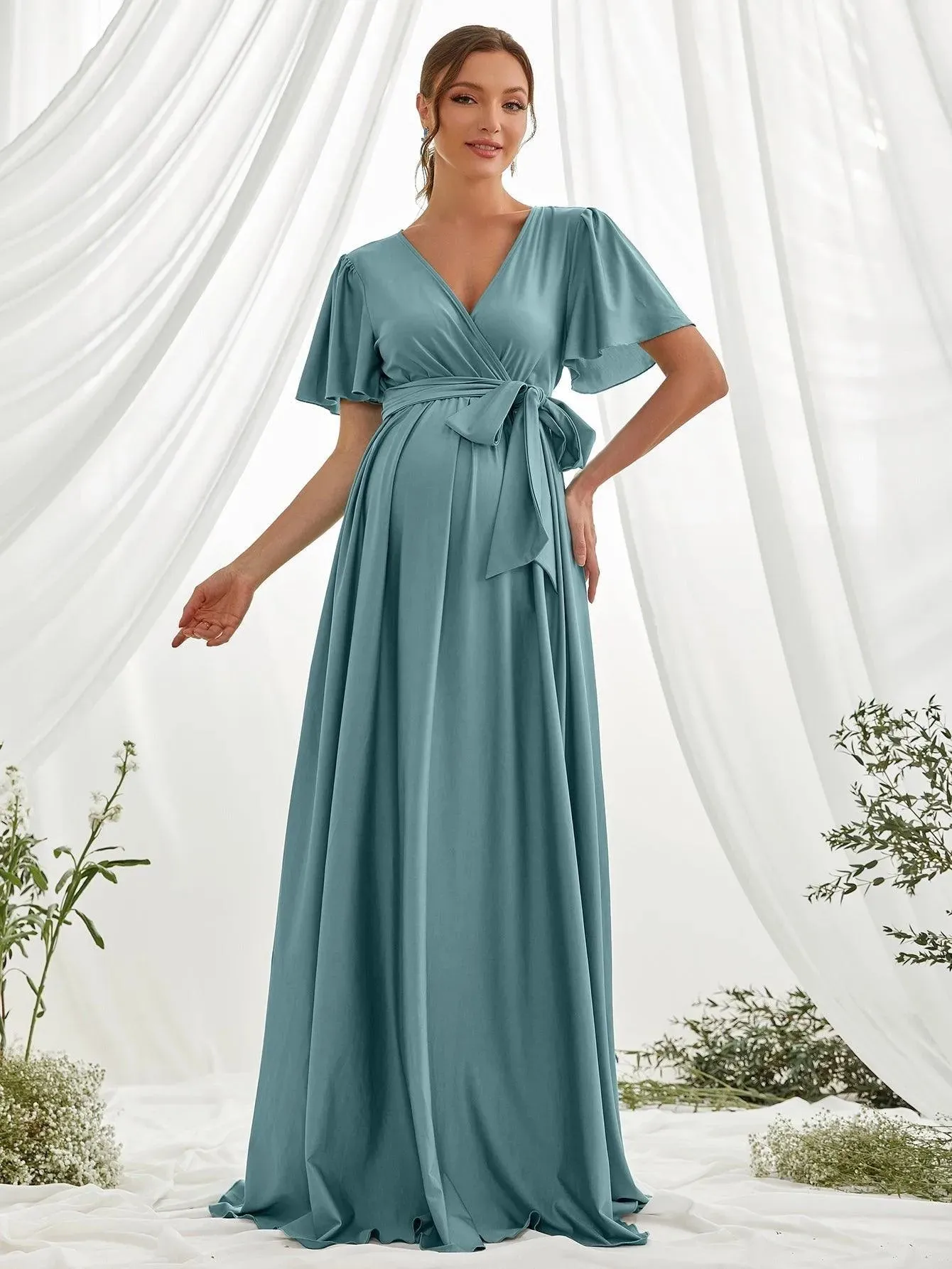 Maternity Surplice Neck Butterfly Sleeve Belted Dress