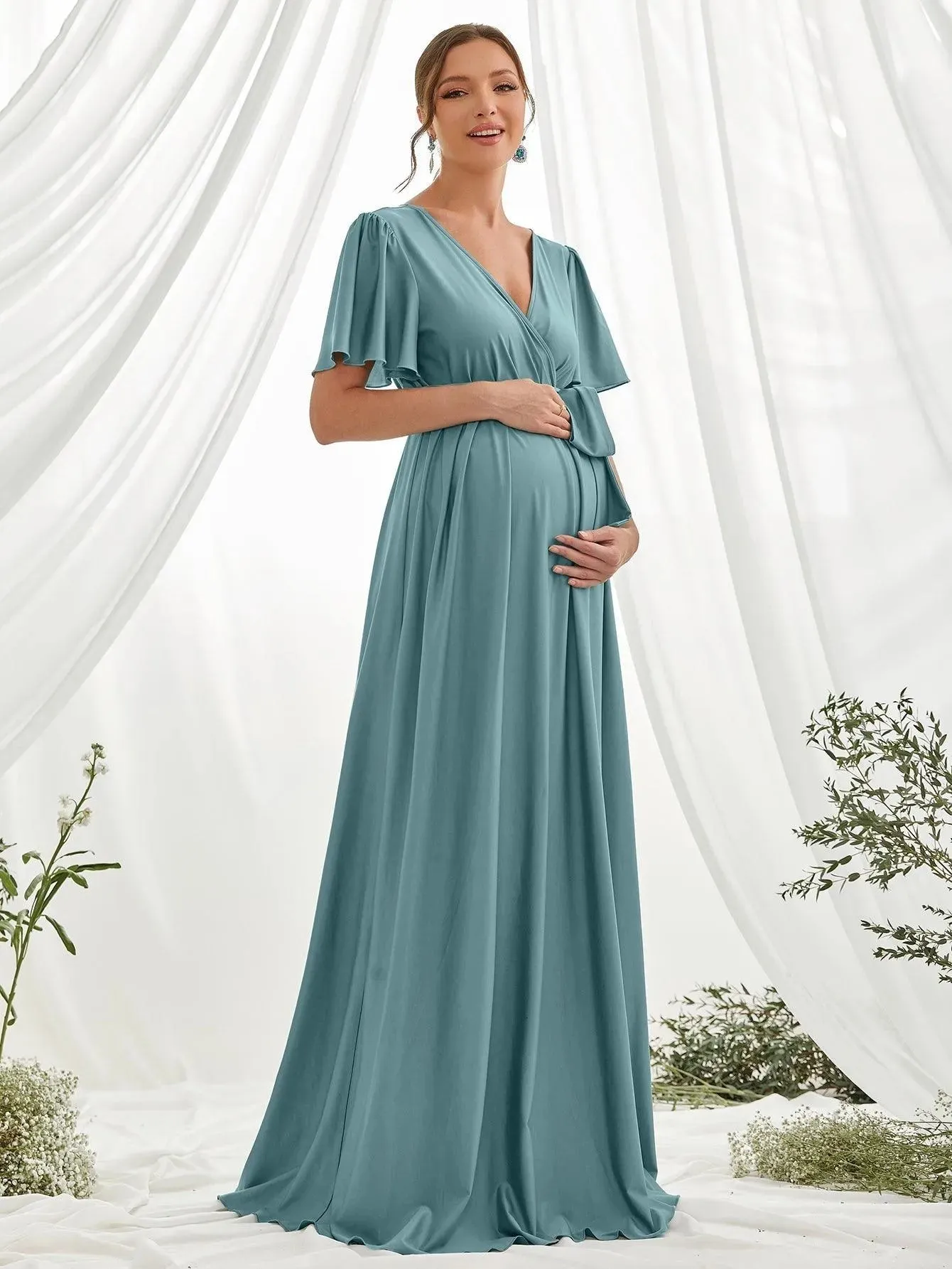 Maternity Surplice Neck Butterfly Sleeve Belted Dress