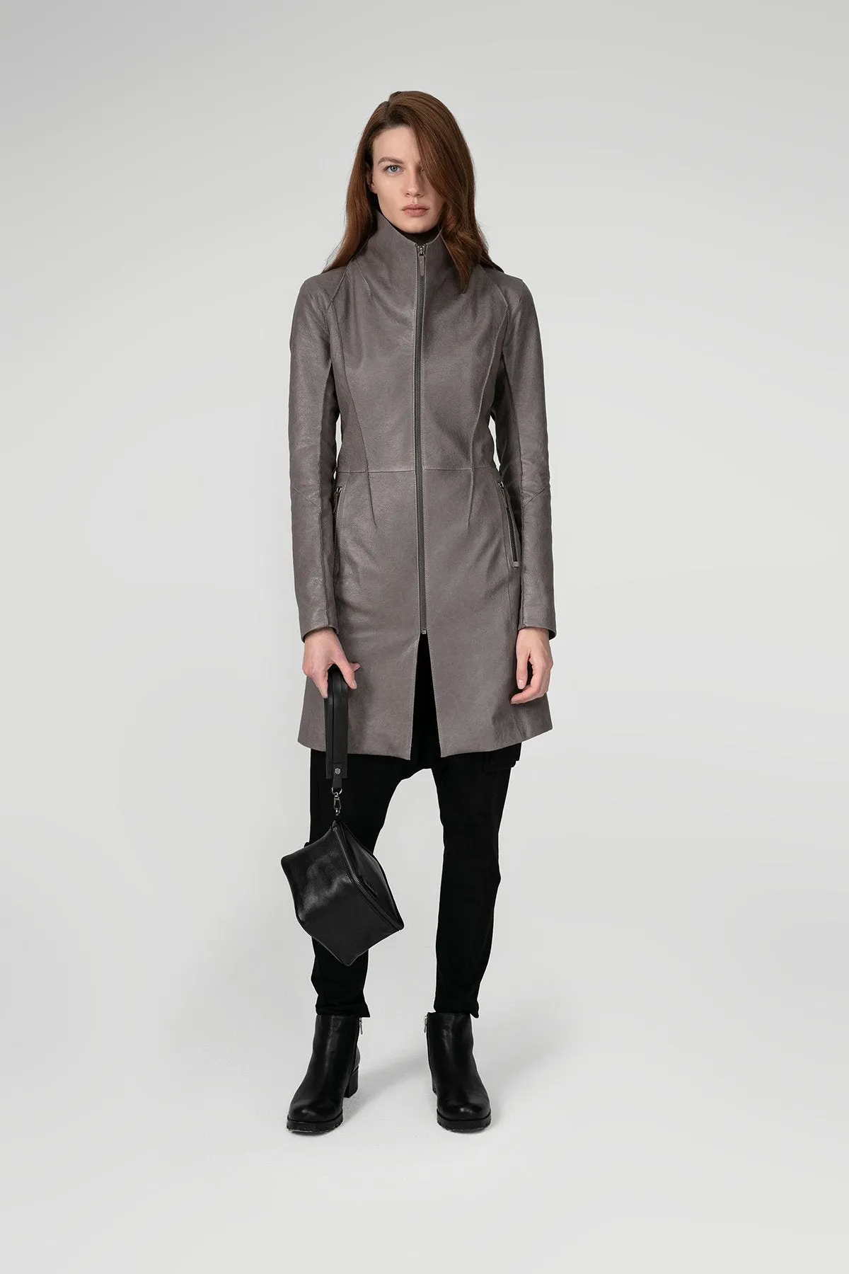 Maya - Grey Leather Coat