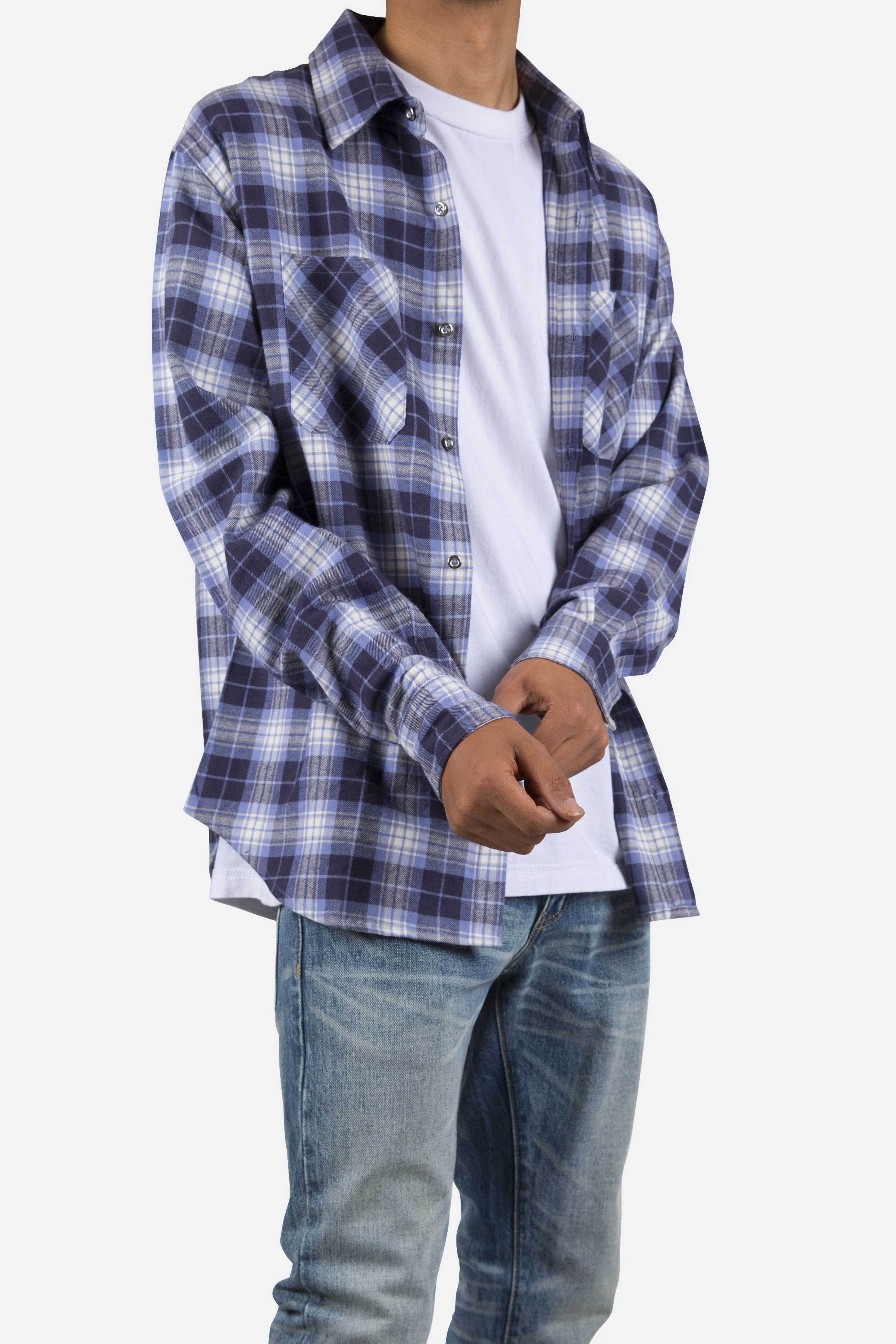 Metal Button Flannel - Blue/White