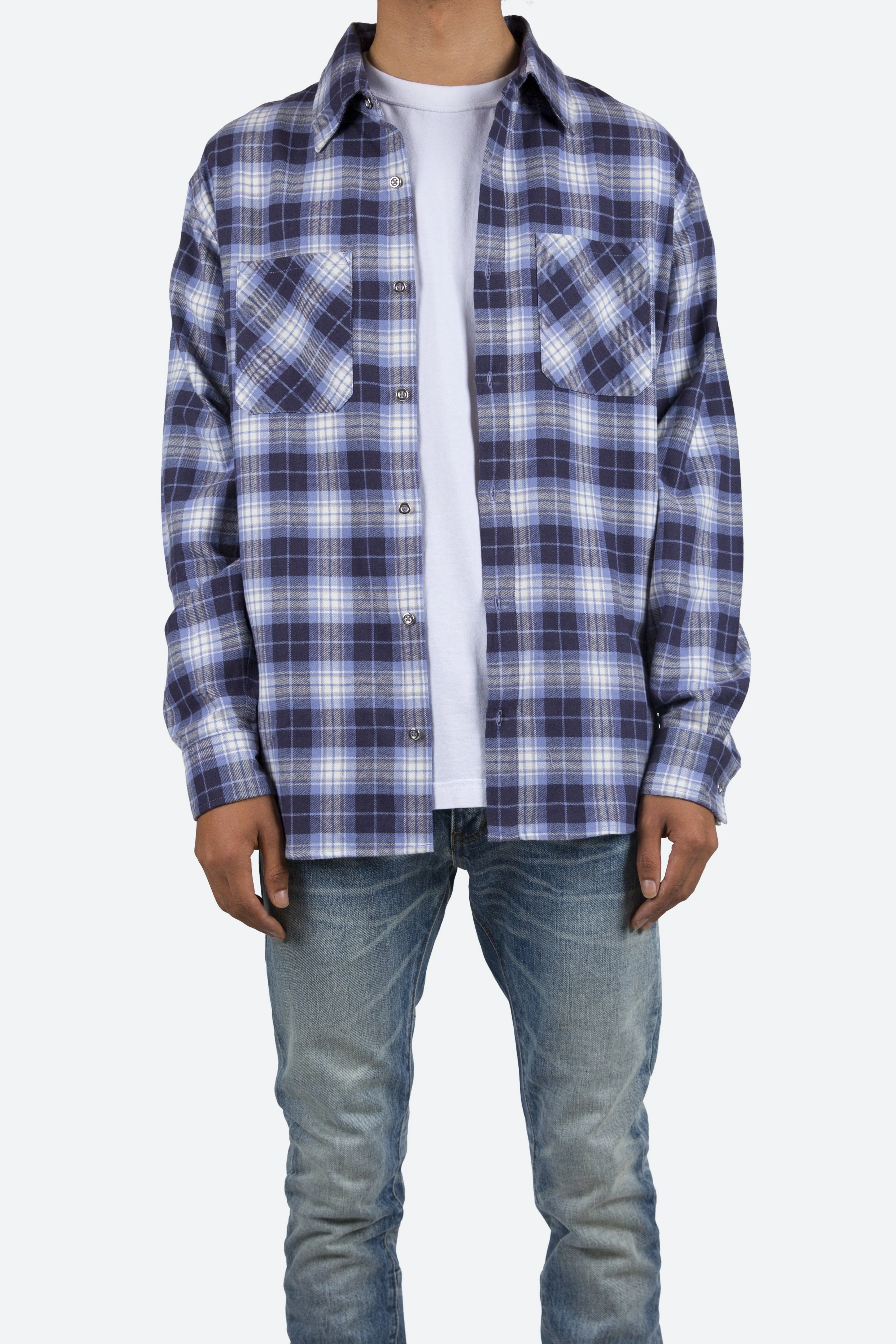 Metal Button Flannel - Blue/White