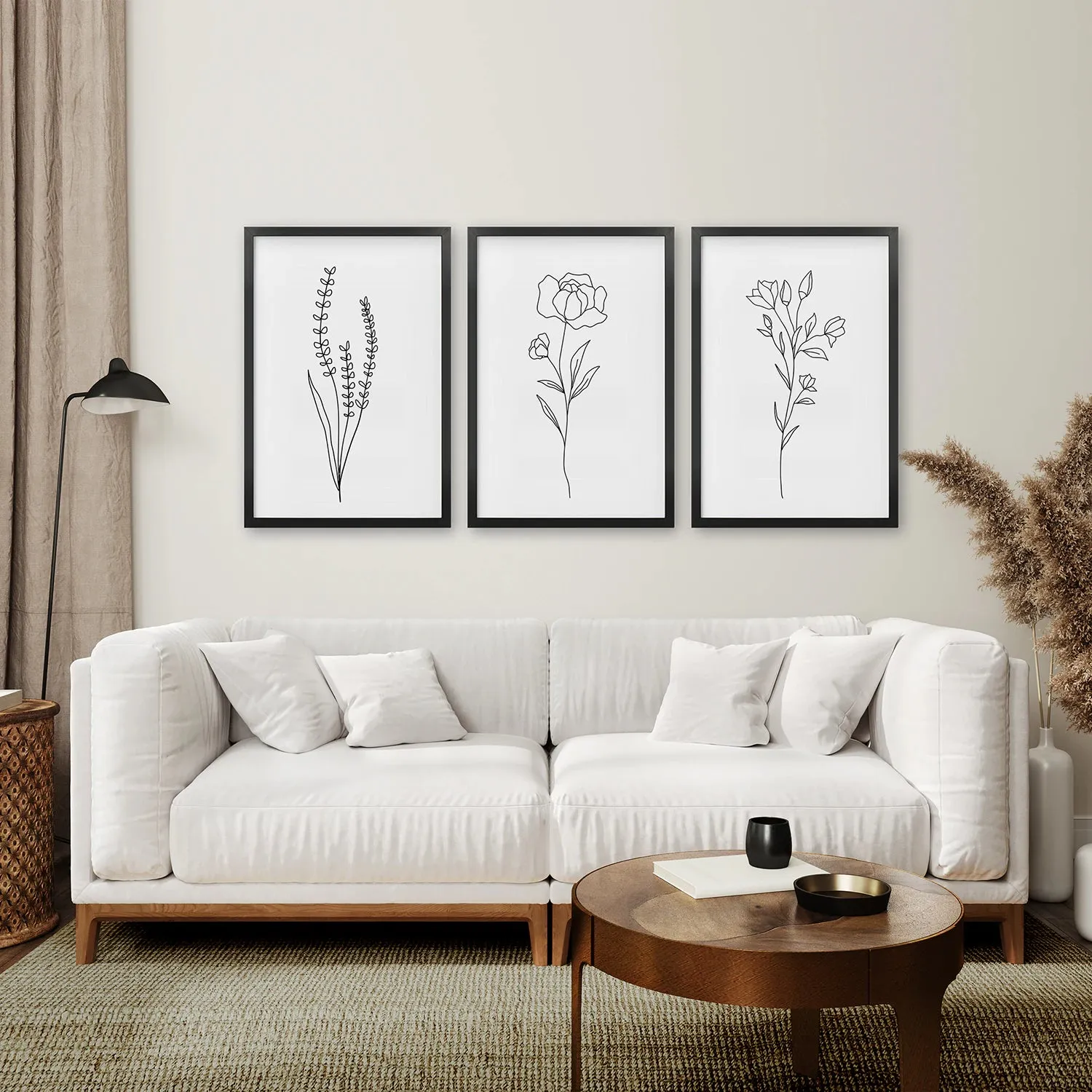 Minimalist Black White Botanical Line Art. Set of 3 Prints