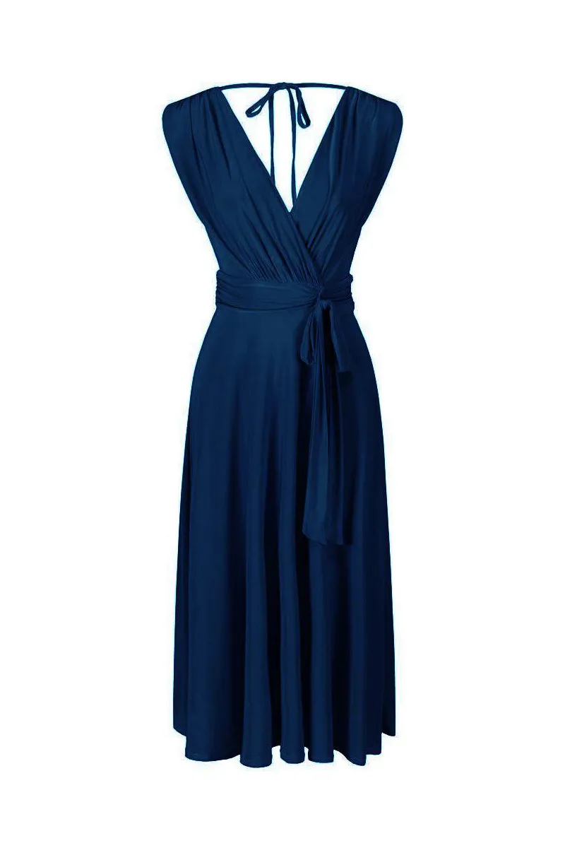 Navy Blue Crossover Top V Neck Tie Waist Cocktail Dress