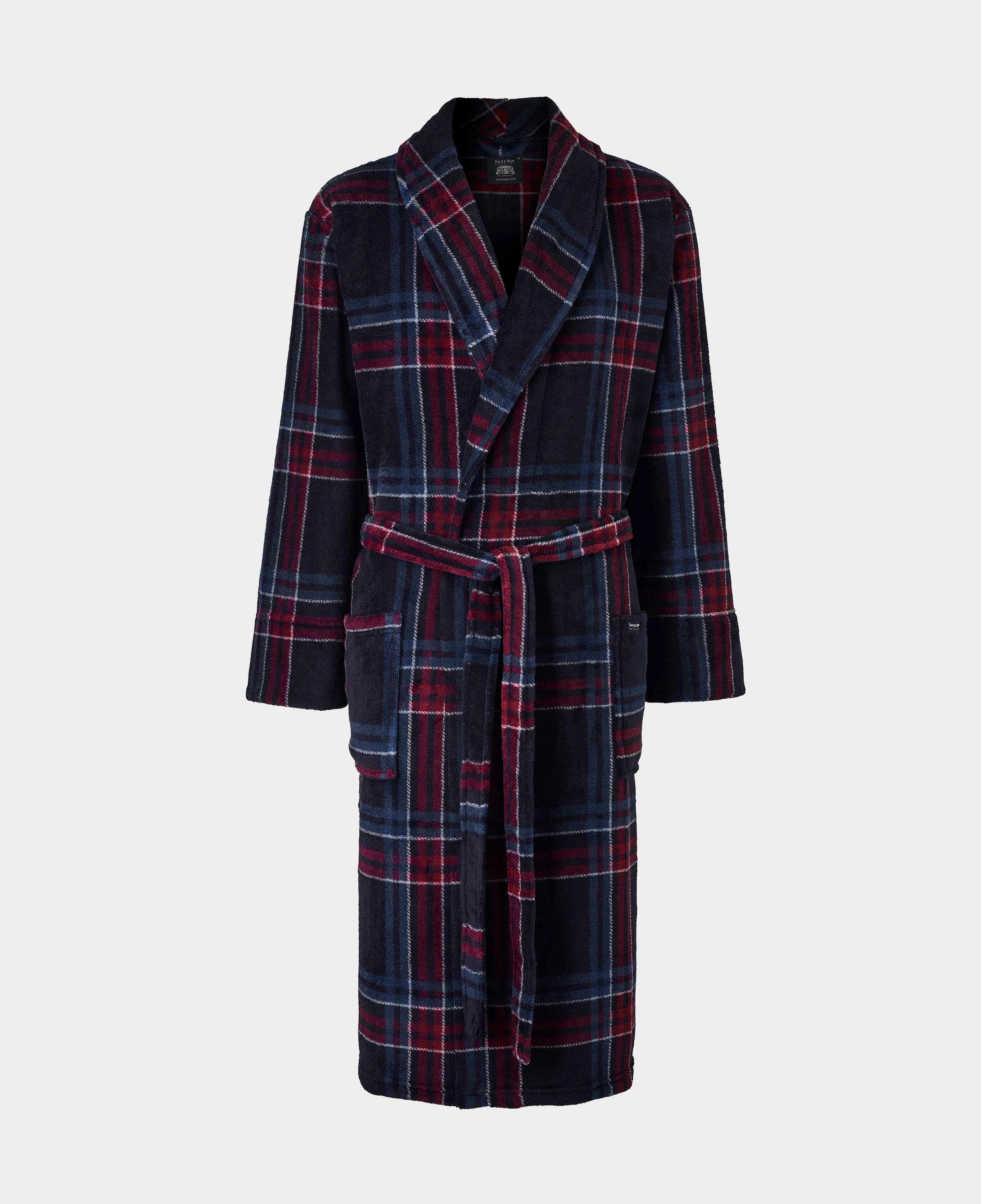 Navy Burgundy Check Fleece Dressing Gown