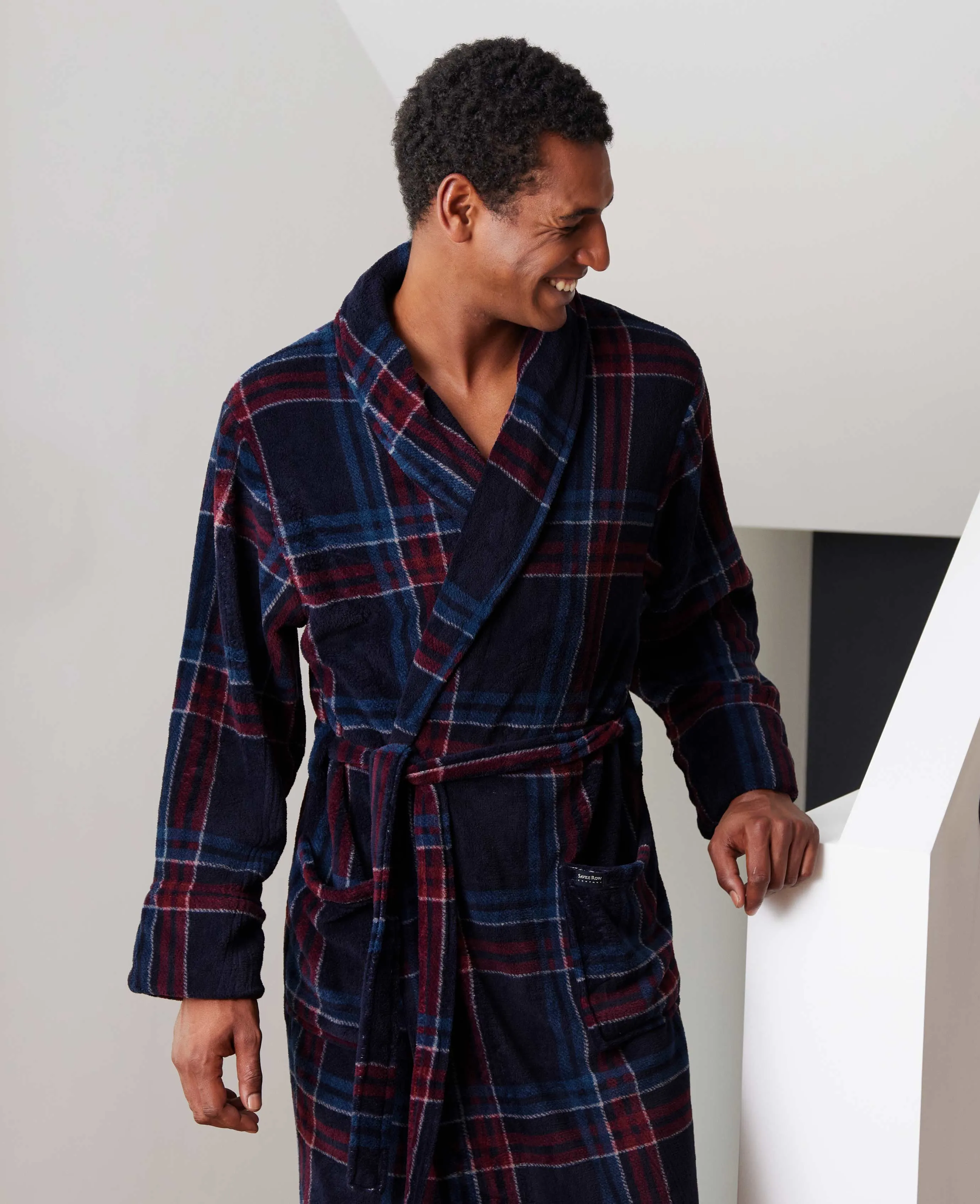 Navy Burgundy Check Fleece Dressing Gown