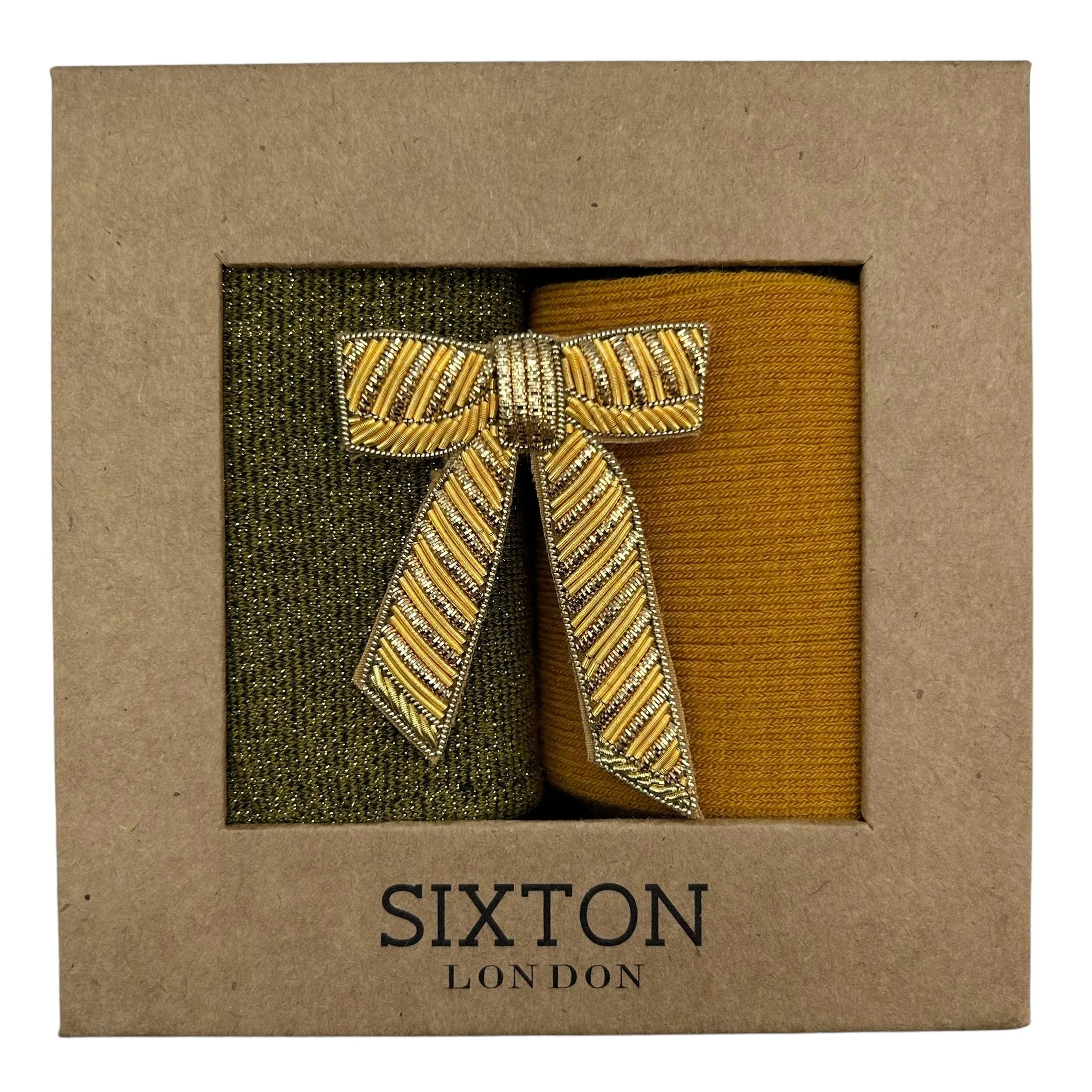 Olive Tokyo and Barcelona mustard sock box duo with pin