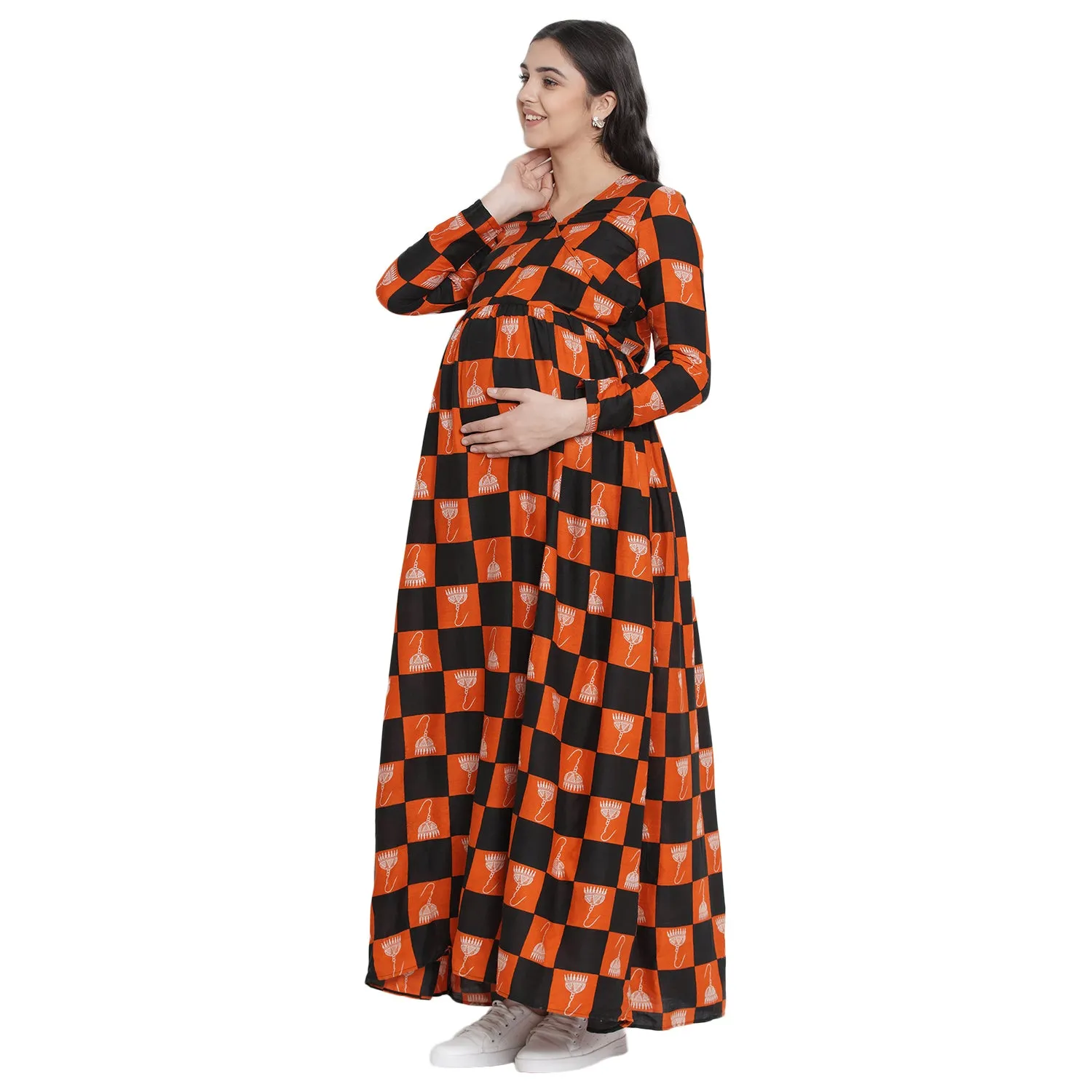 Orange A-Line Checkered Print Maternity Dress