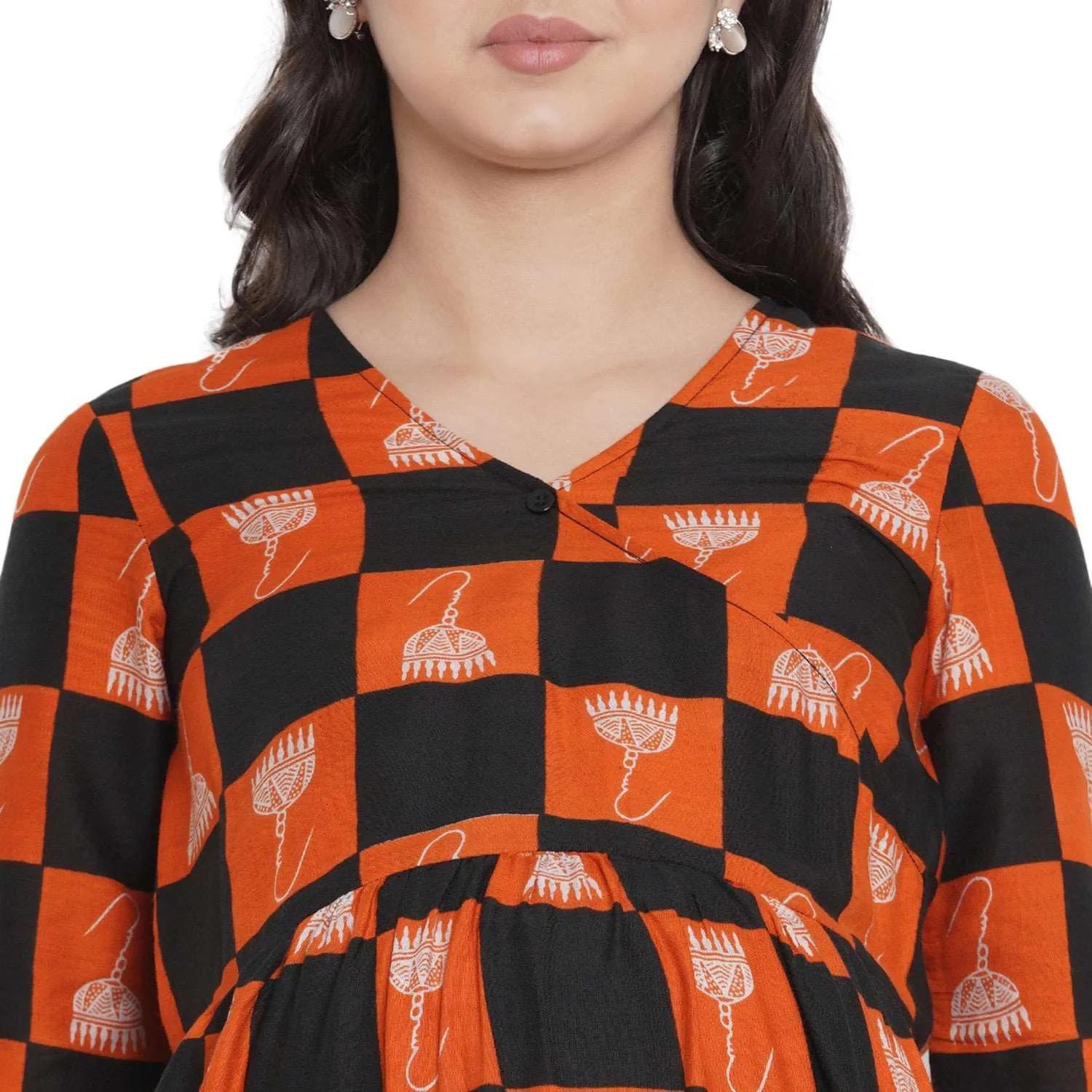 Orange A-Line Checkered Print Maternity Dress