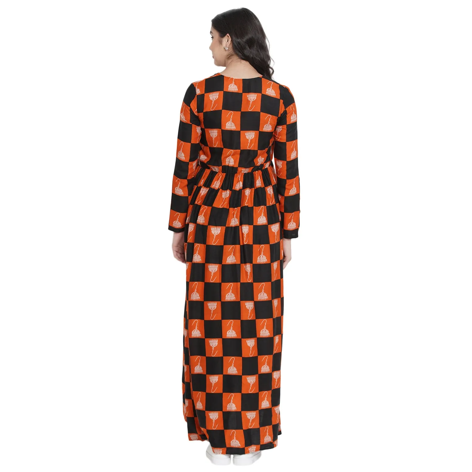 Orange A-Line Checkered Print Maternity Dress