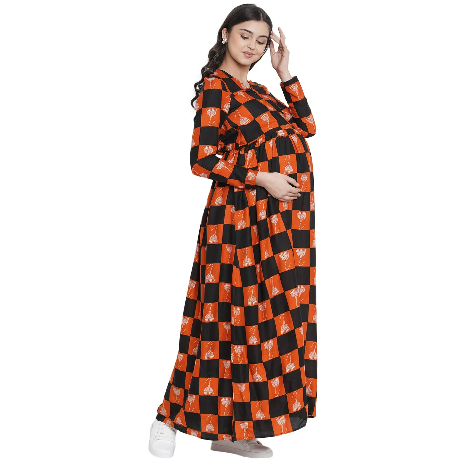 Orange A-Line Checkered Print Maternity Dress