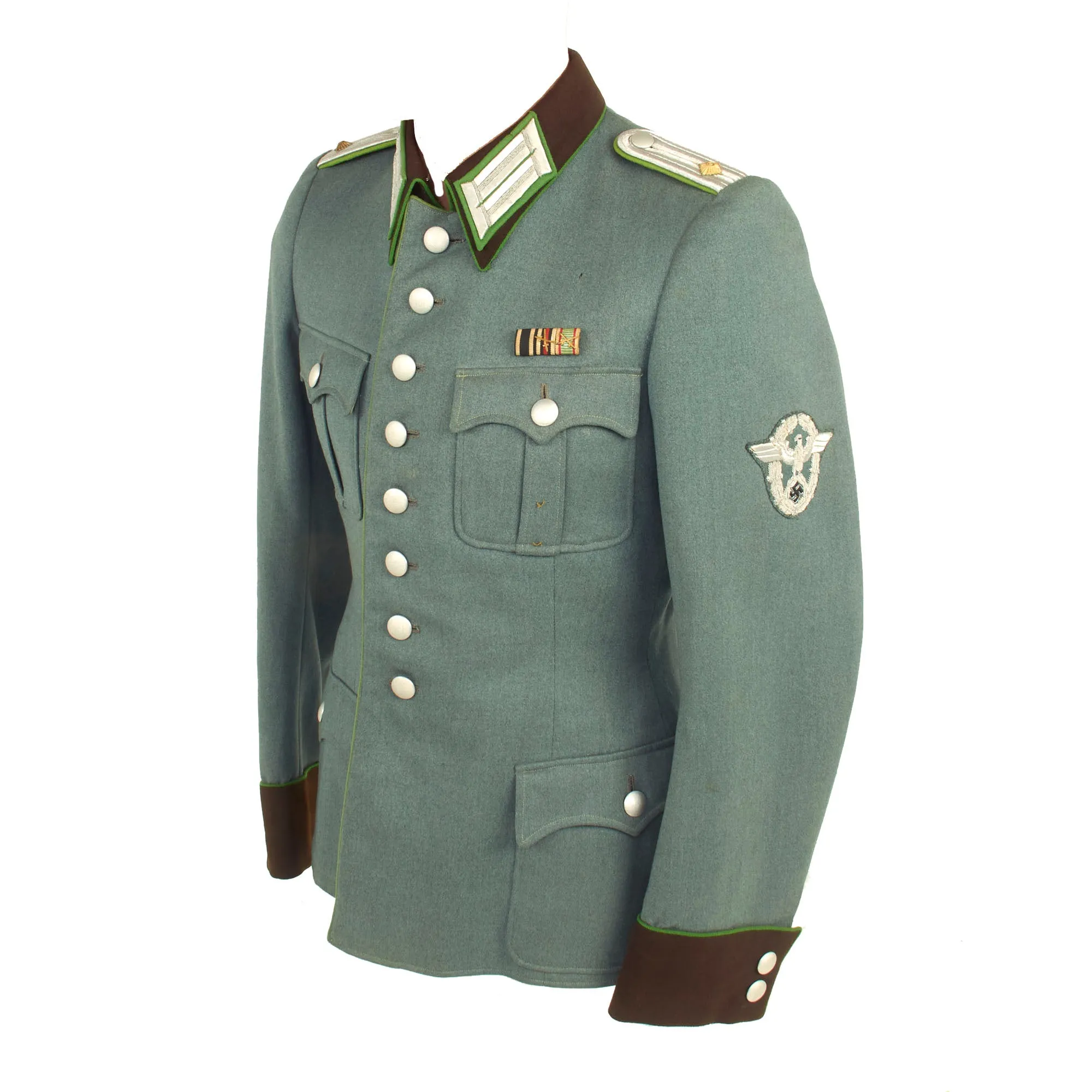 Original German WWII Named Oberleutnant der Schutzpolizei Officer's M36 Field Tunic with WWI Era Medal Bar - dated 1939