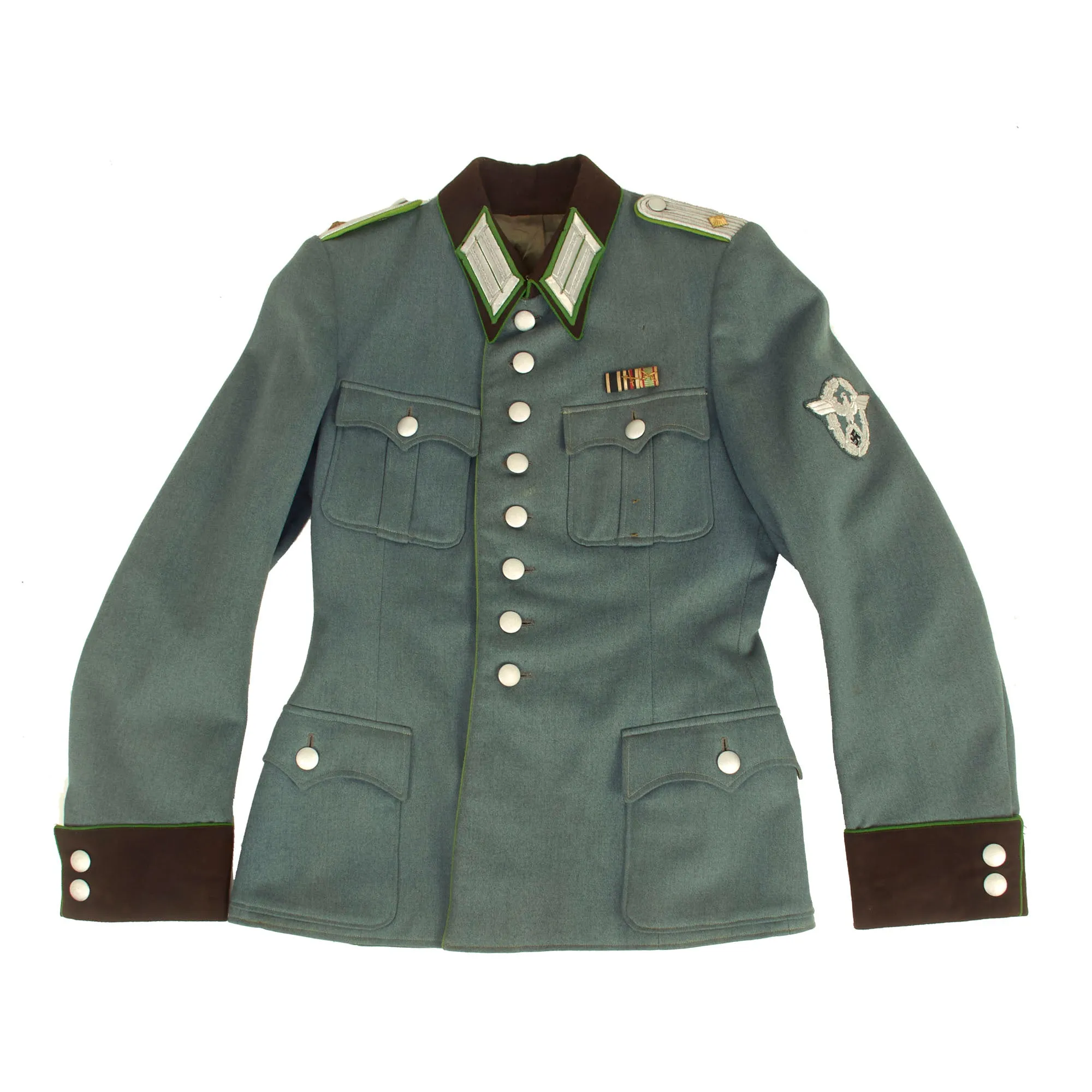 Original German WWII Named Oberleutnant der Schutzpolizei Officer's M36 Field Tunic with WWI Era Medal Bar - dated 1939