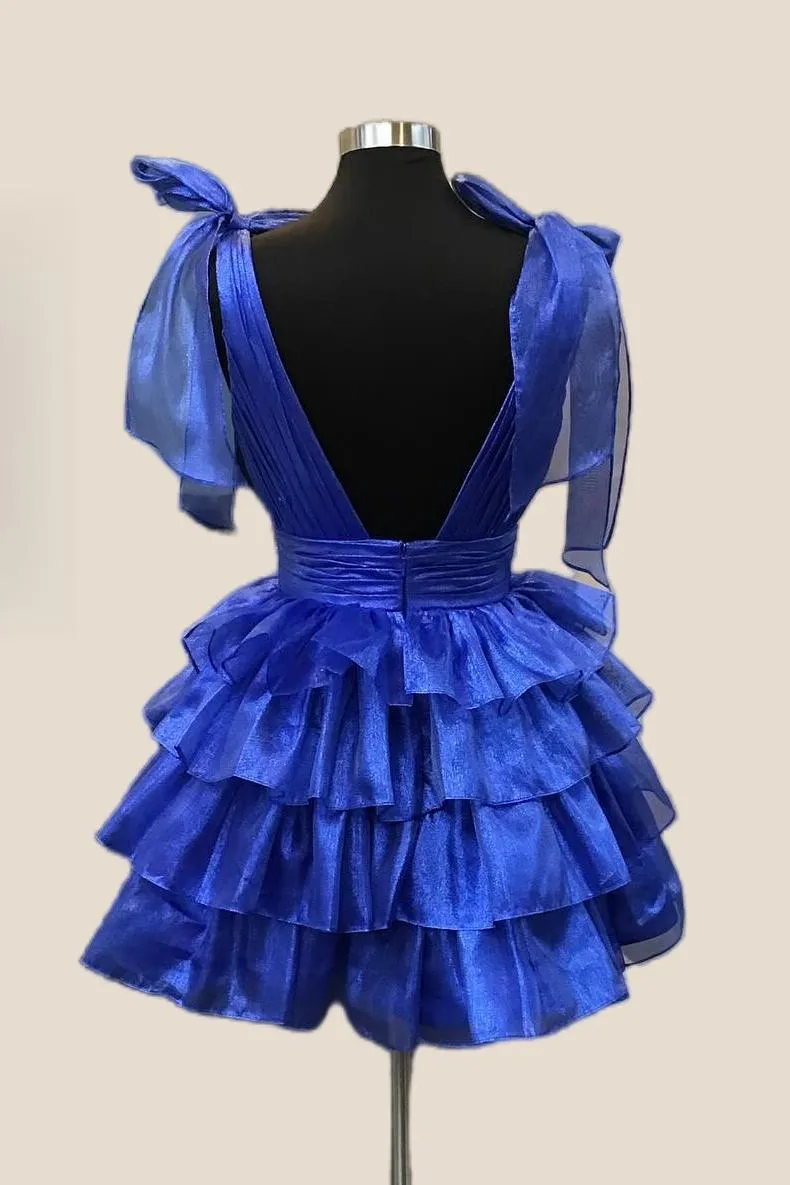 Plunge Neck Royal Blue Layered Short Dress