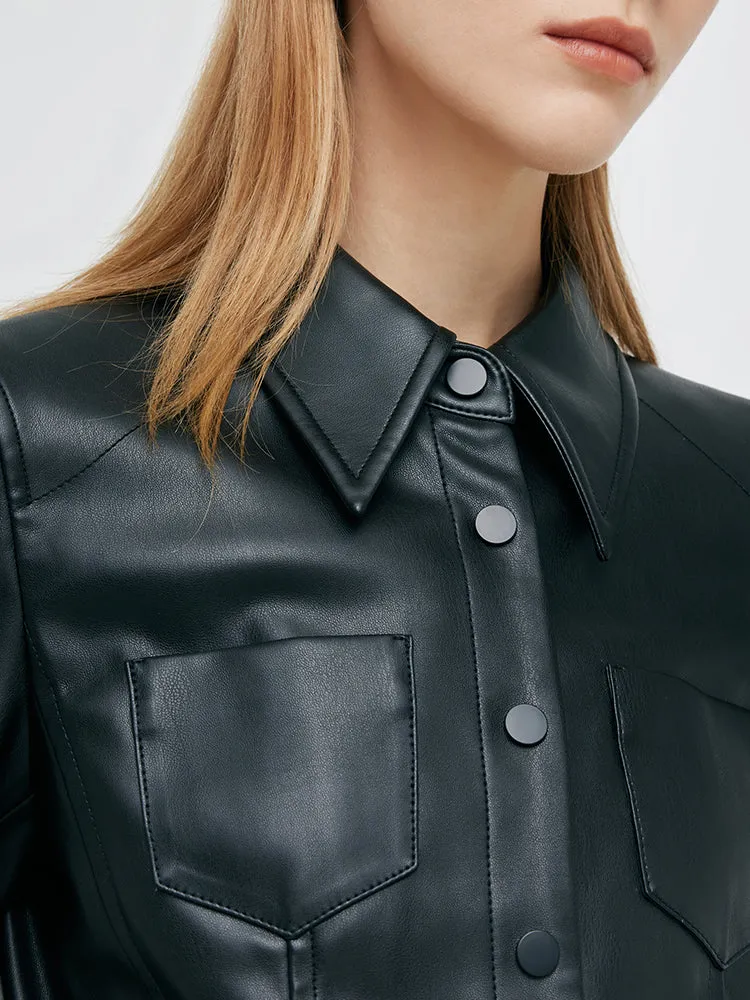 PU Leather Lapel Double-Breasted Women Jacket