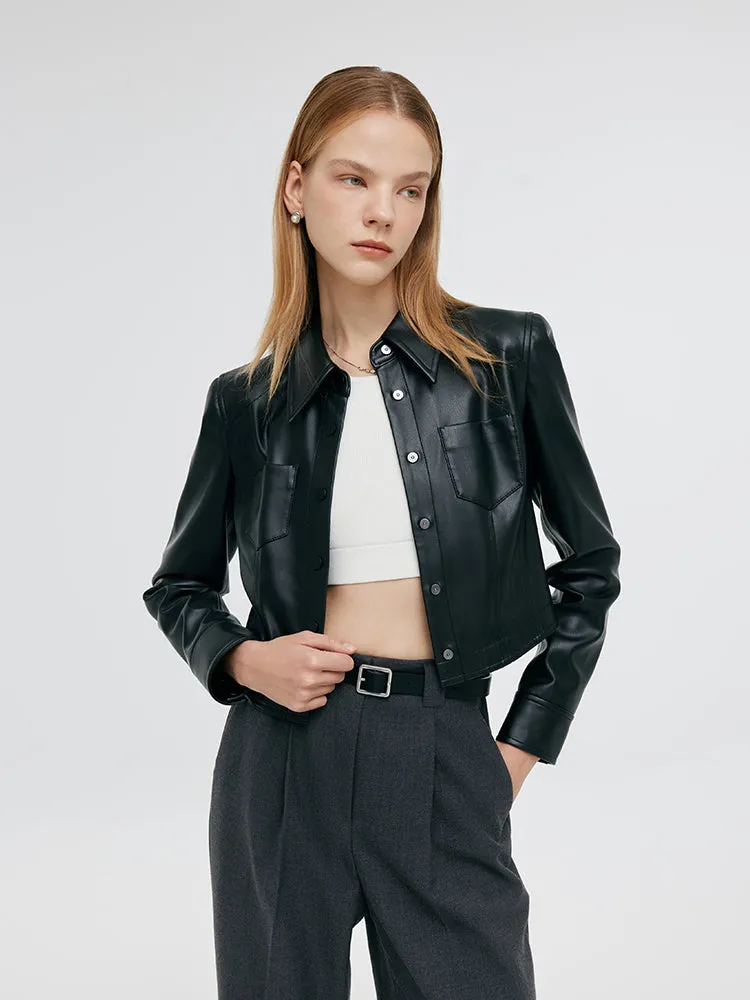 PU Leather Lapel Double-Breasted Women Jacket