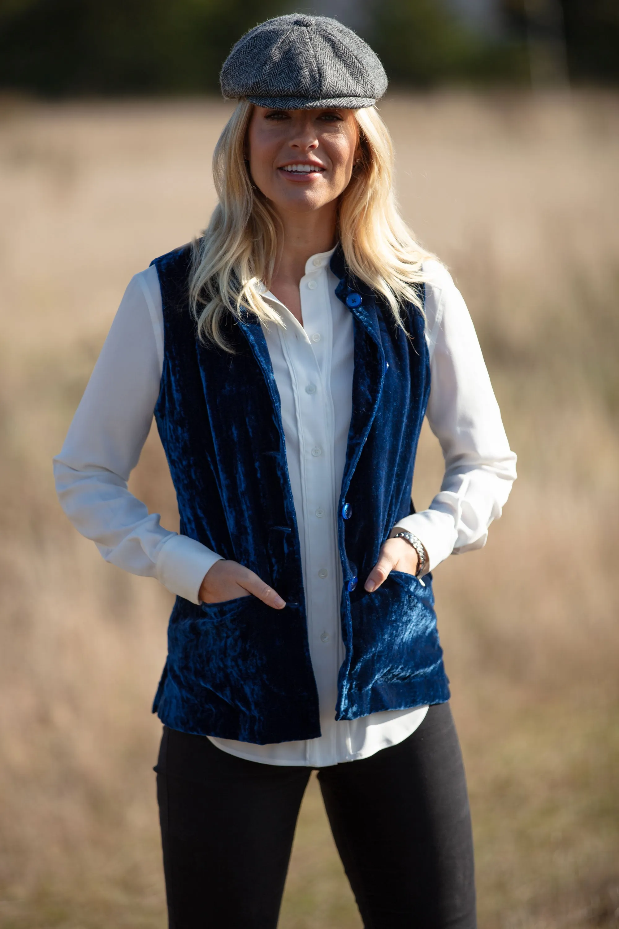 Short Silk Velvet Waistcoat In Sapphire Blue