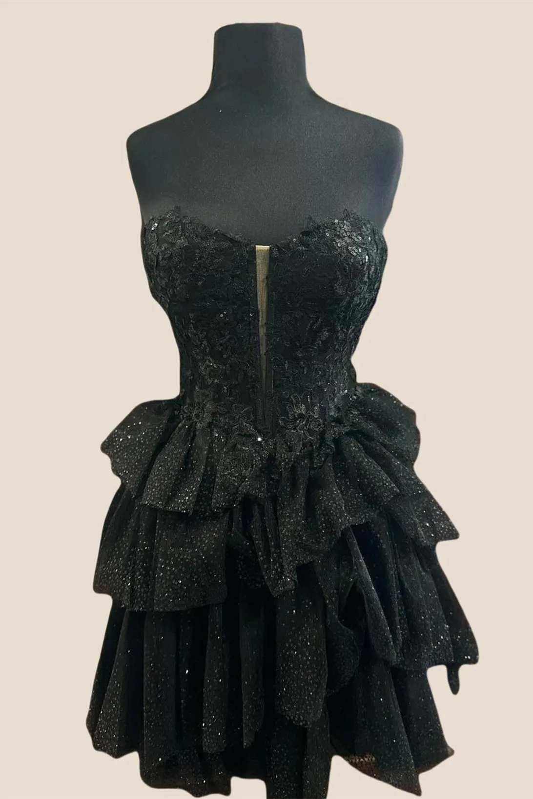 Strapless Black Appliques Tiered Short Dress