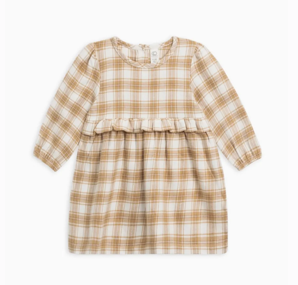 Sydney Flannel Ruffle Dress - Latte Plaid