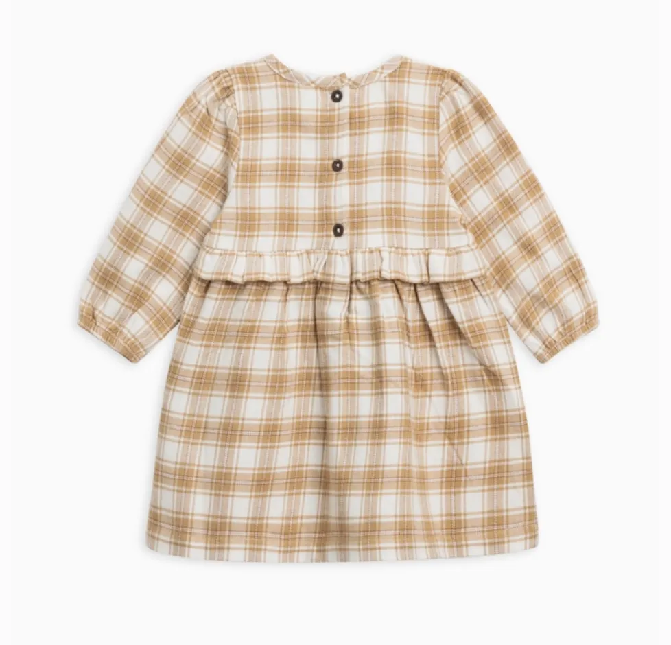 Sydney Flannel Ruffle Dress - Latte Plaid