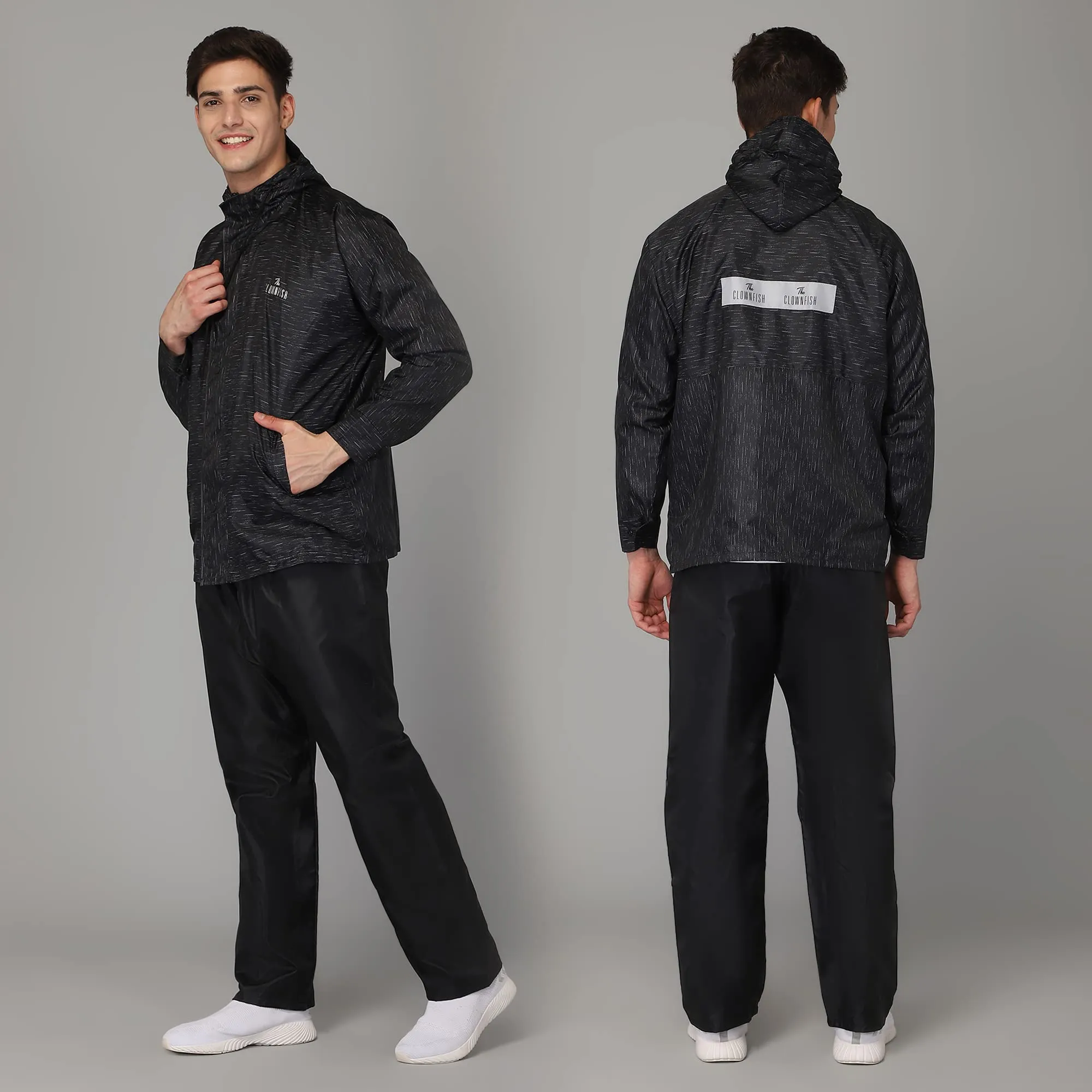 THE CLOWNFISH Arnold Men's Waterproof Polyester Double Coating Reversible Raincoat with Hood and Reflector Logo at Back. Set of Top and Bottom. Printed Plastic Pouch with Rope (Black, Large)