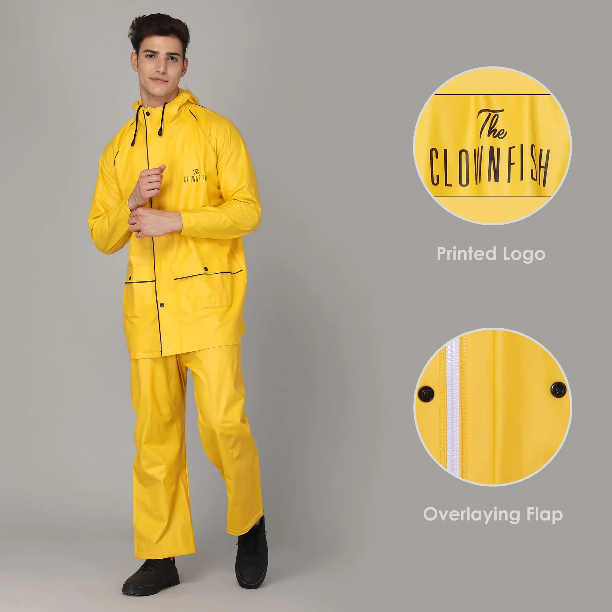 THE CLOWNFISH Azure Series Men's PVC Solid Waterproof Rain coat with Hood Set of Top and Bottom (Sky Blue, X-Large)