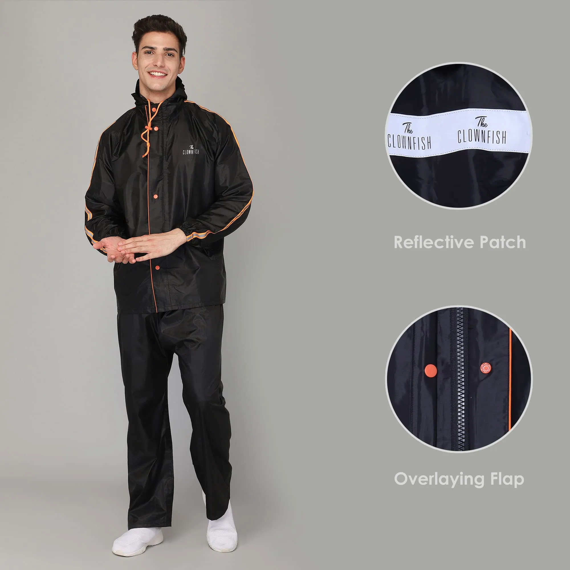 THE CLOWNFISH Bruce Series Men's Waterproof Polyester Raincoat with Hood and Reflector Logo at Back for Night Travelling. Set of Top and Bottom. Printed Plastic Pouch with Rope (Black, Large)