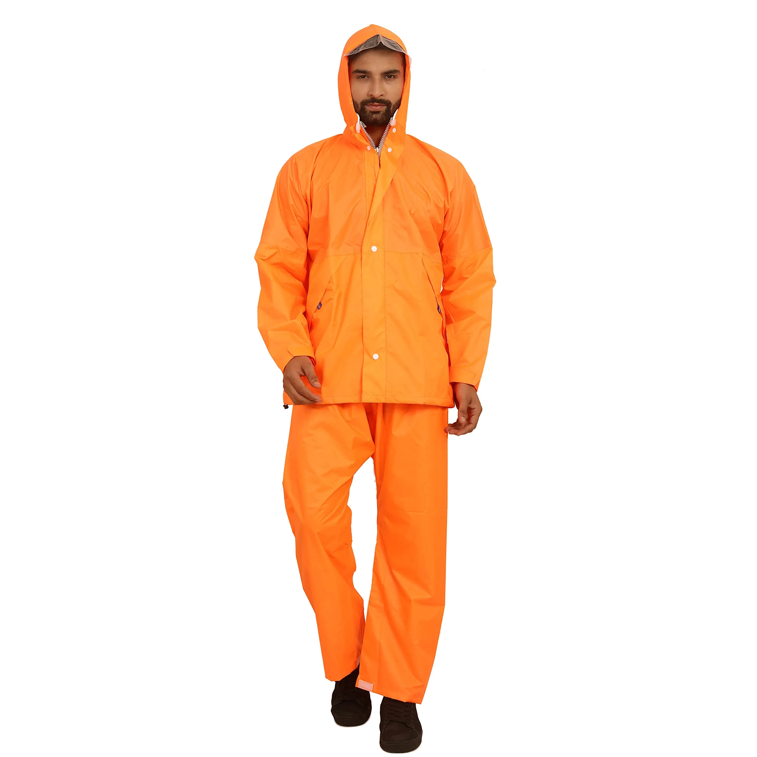 THE CLOWNFISH Classic Series Men's Solid Waterproof Rain coat with Hood Set of Top and Bottom. (Blue, Large)