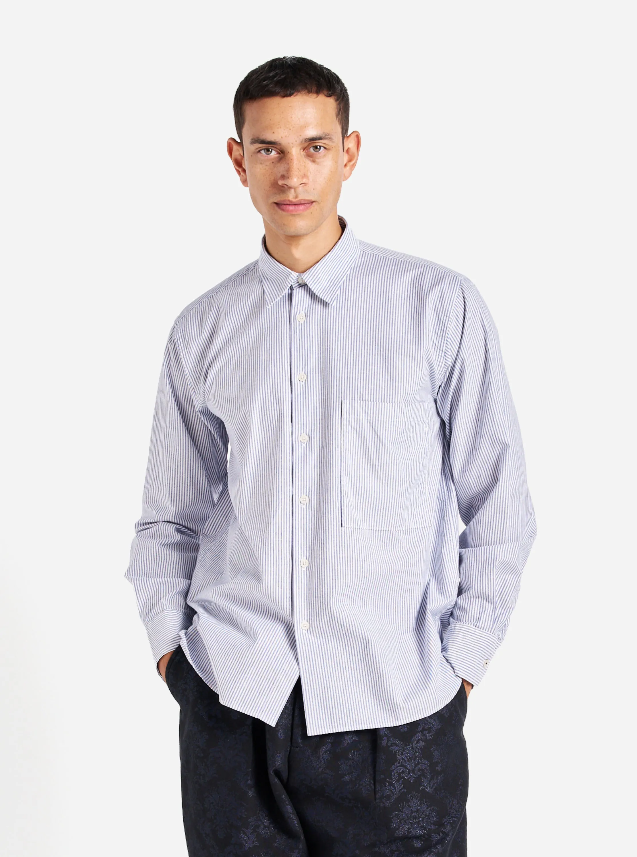 Universal Works Square Pocket Shirt in Navy Security Stripe Cotton