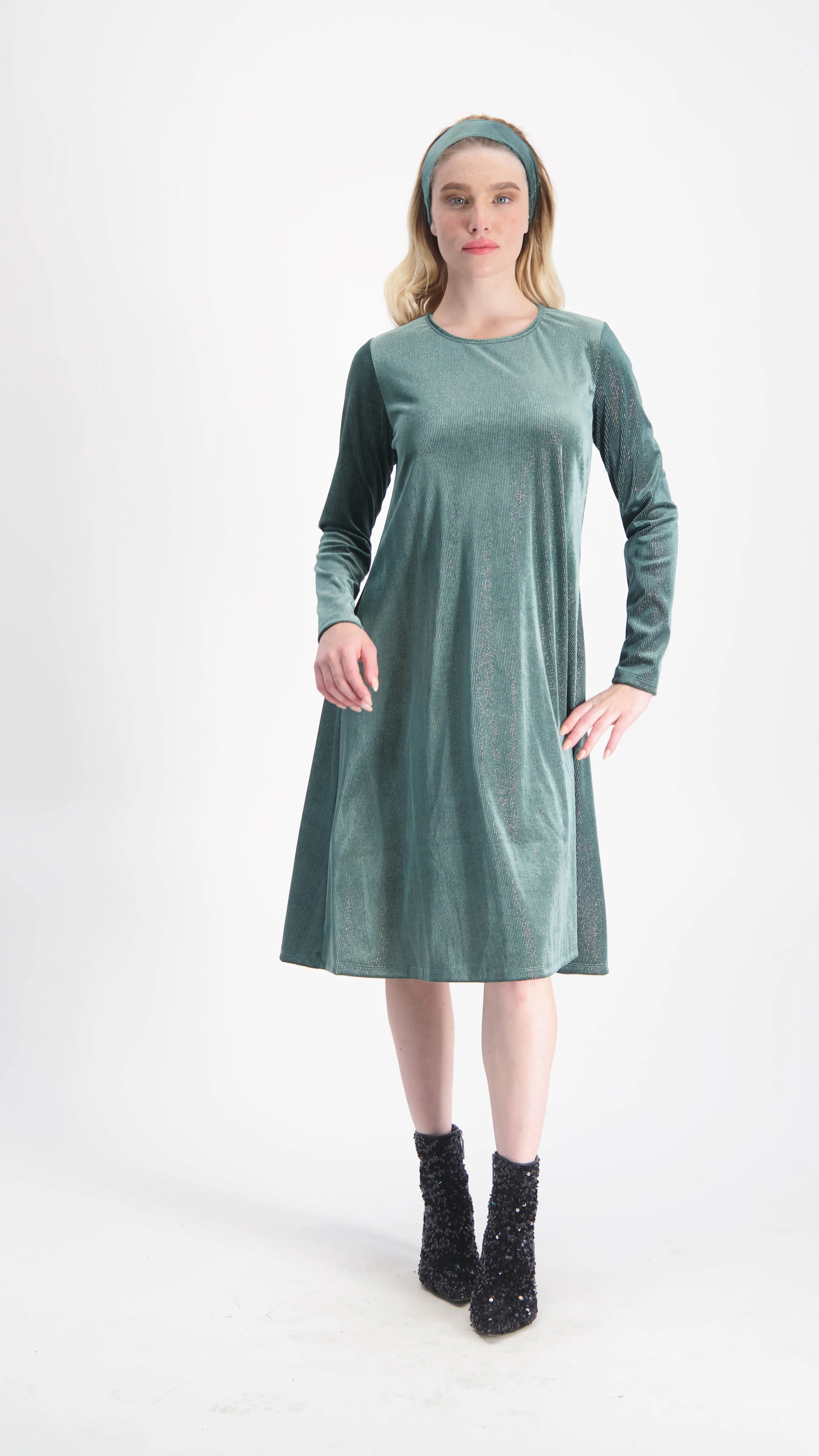 Velvet A-line Dress With Belt / Green & Silver Line