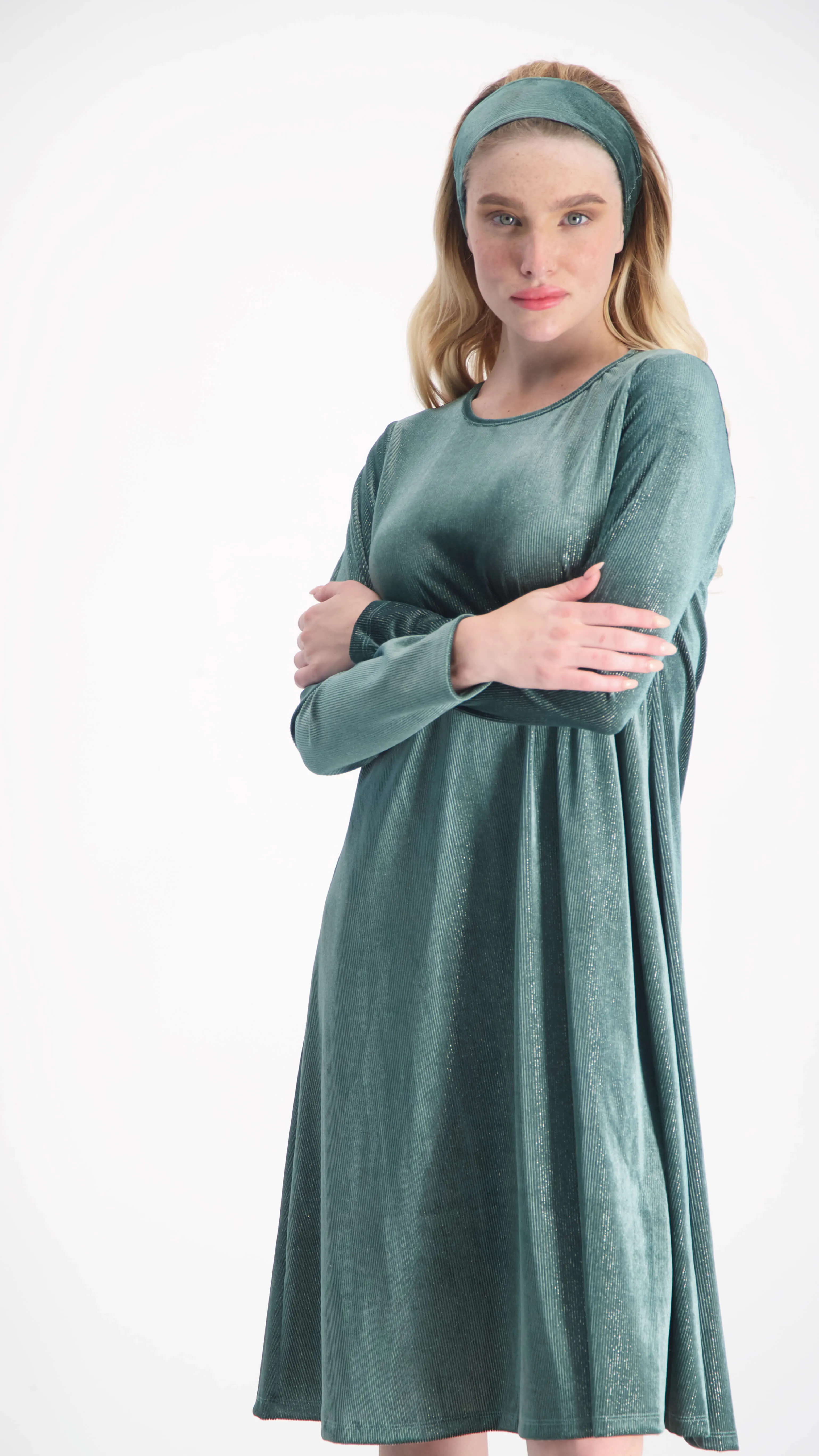 Velvet A-line Dress With Belt / Green & Silver Line