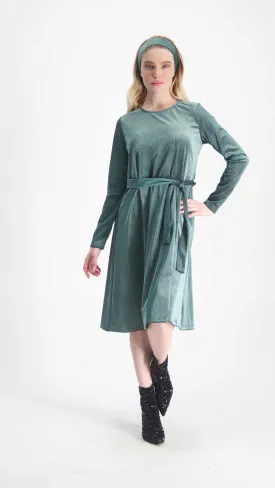 Velvet A-line Dress With Belt / Green & Silver Line