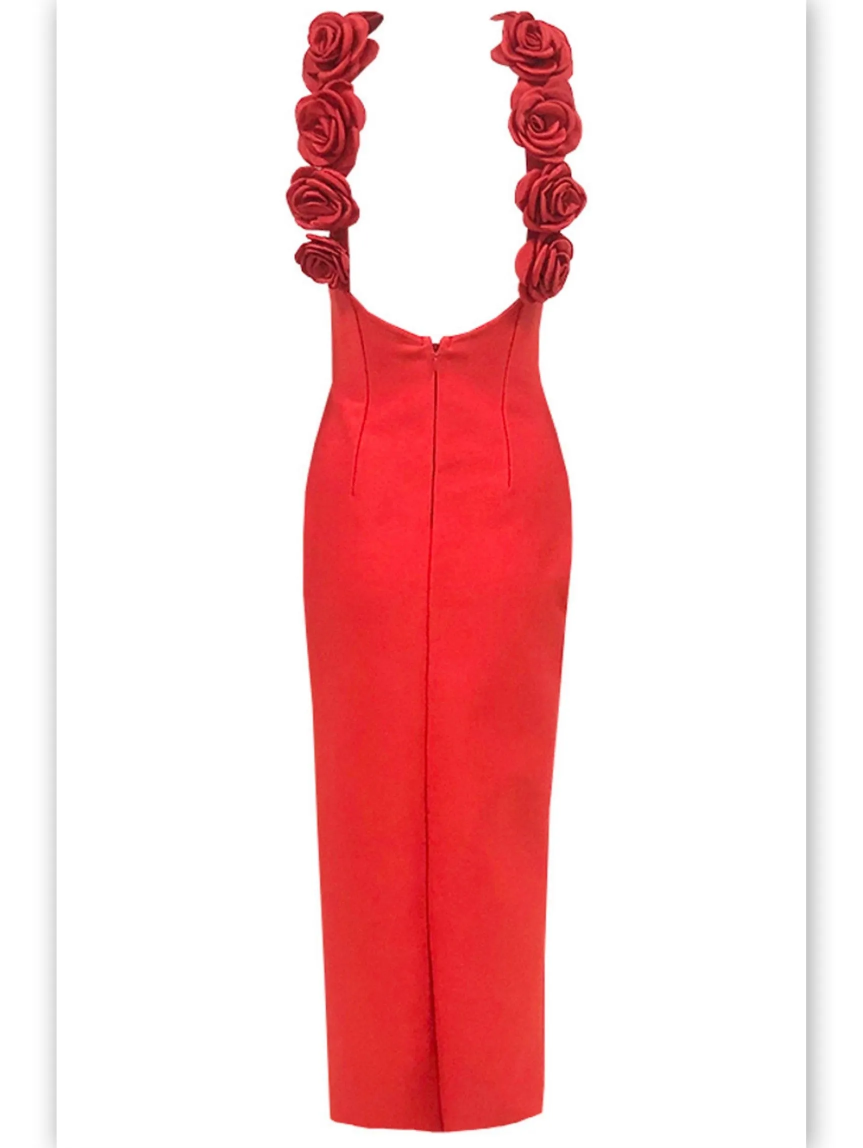 Women’s Backless Red Rose-Appliques Maxi Dress