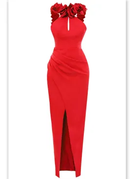 Women’s Backless Red Rose-Appliques Maxi Dress