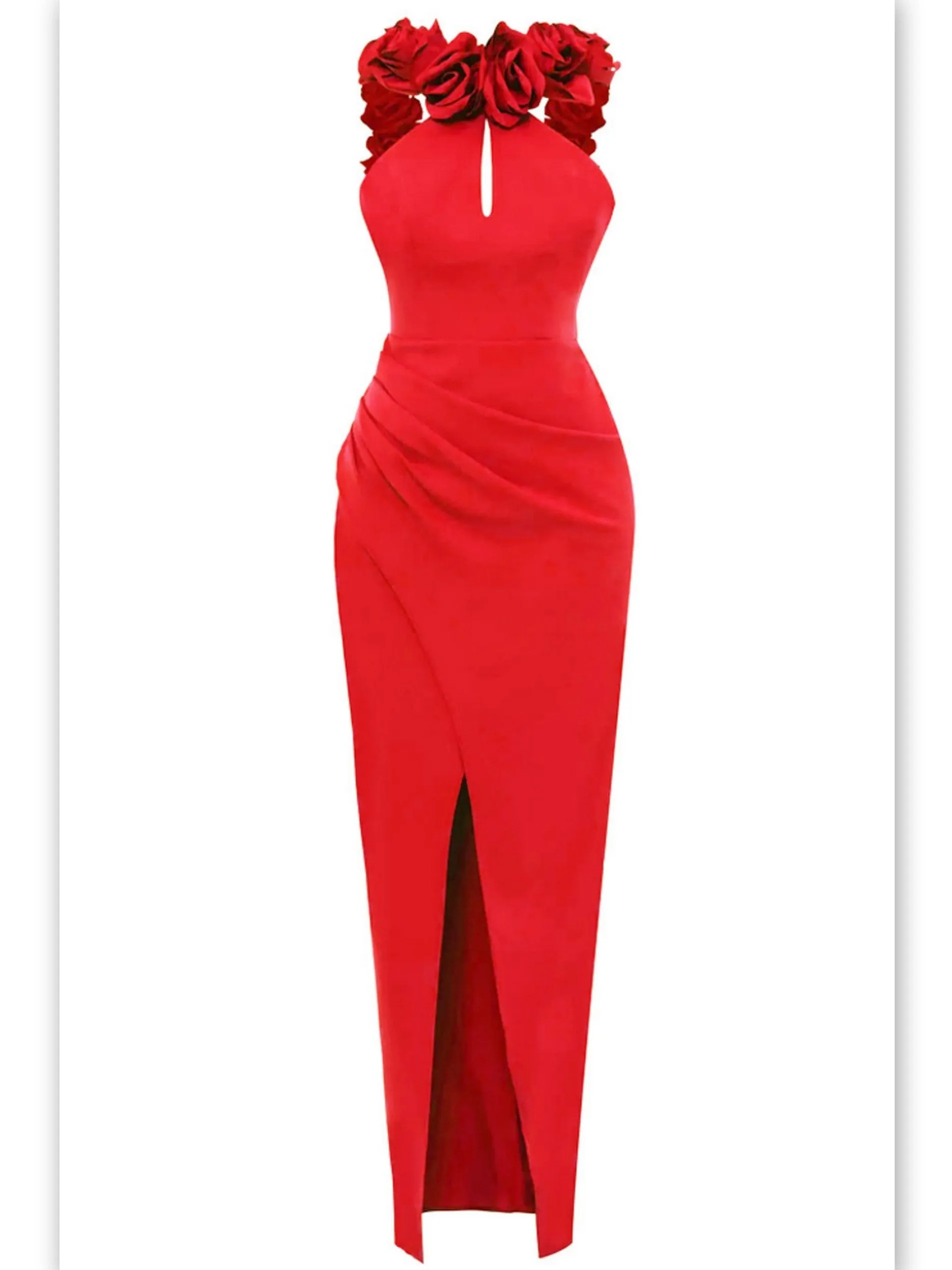 Women’s Backless Red Rose-Appliques Maxi Dress