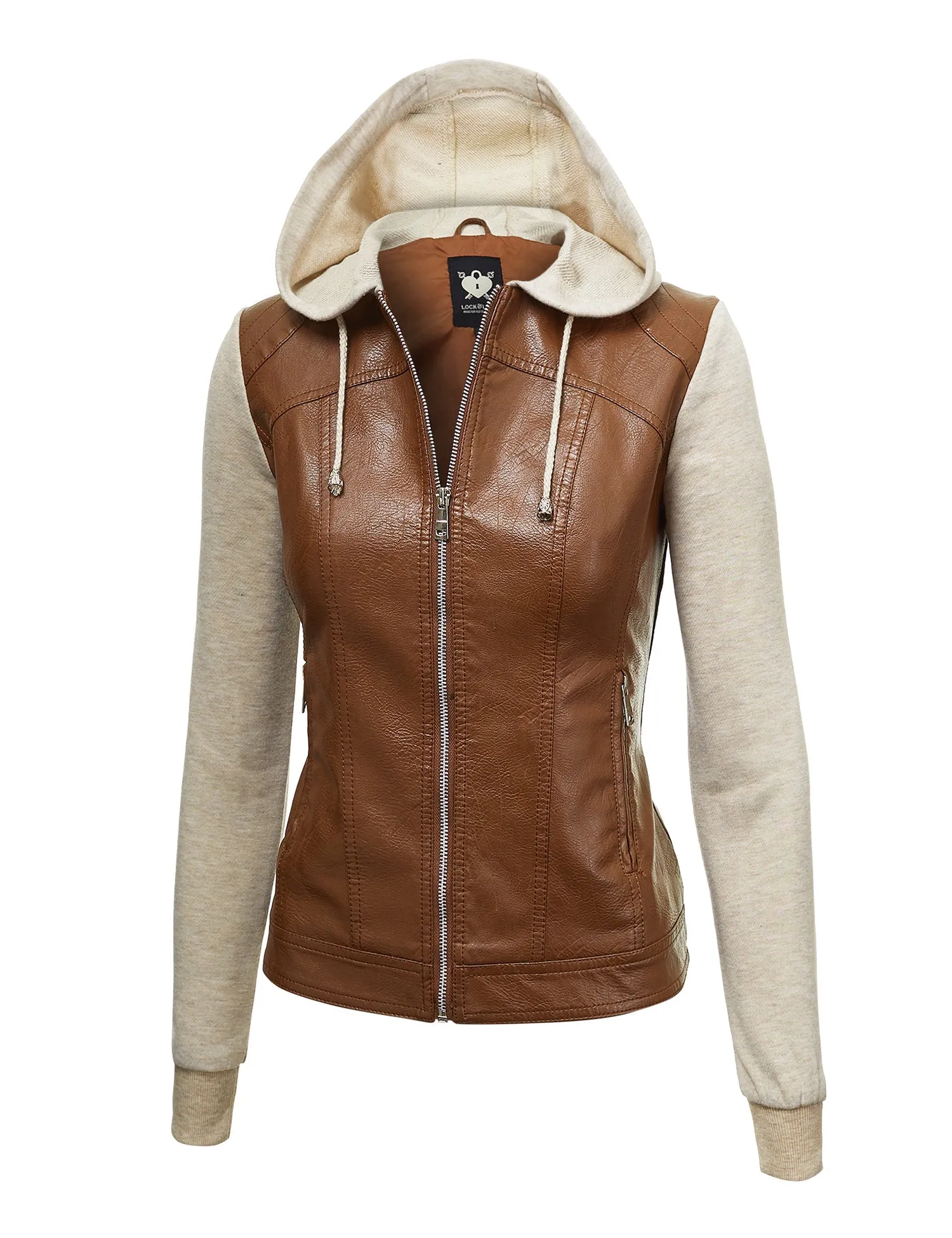 Womens Lock & Love Faux Leather Full Zip Hoodie Sweatshirt Jacket