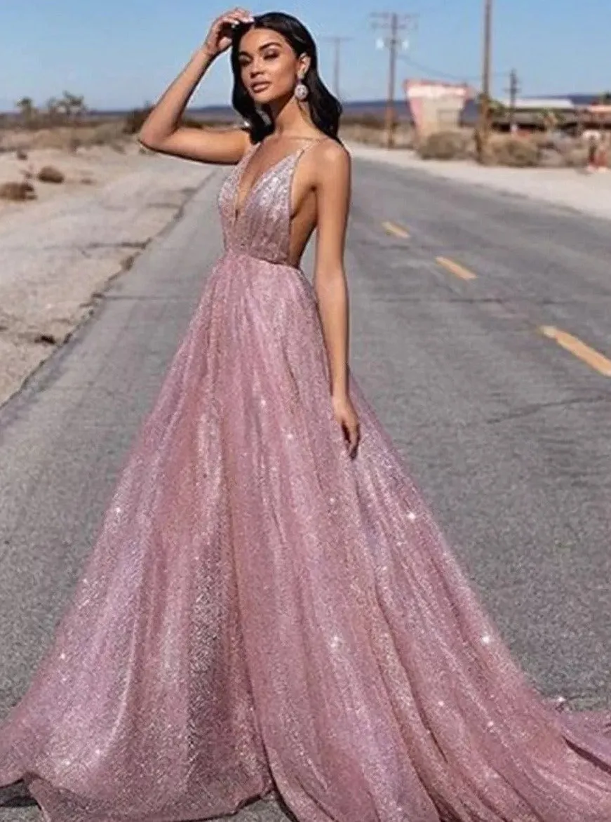 Women's Shining Prom Dress Long Deep V Neck Sequin Formal Party Dress  #ER2157